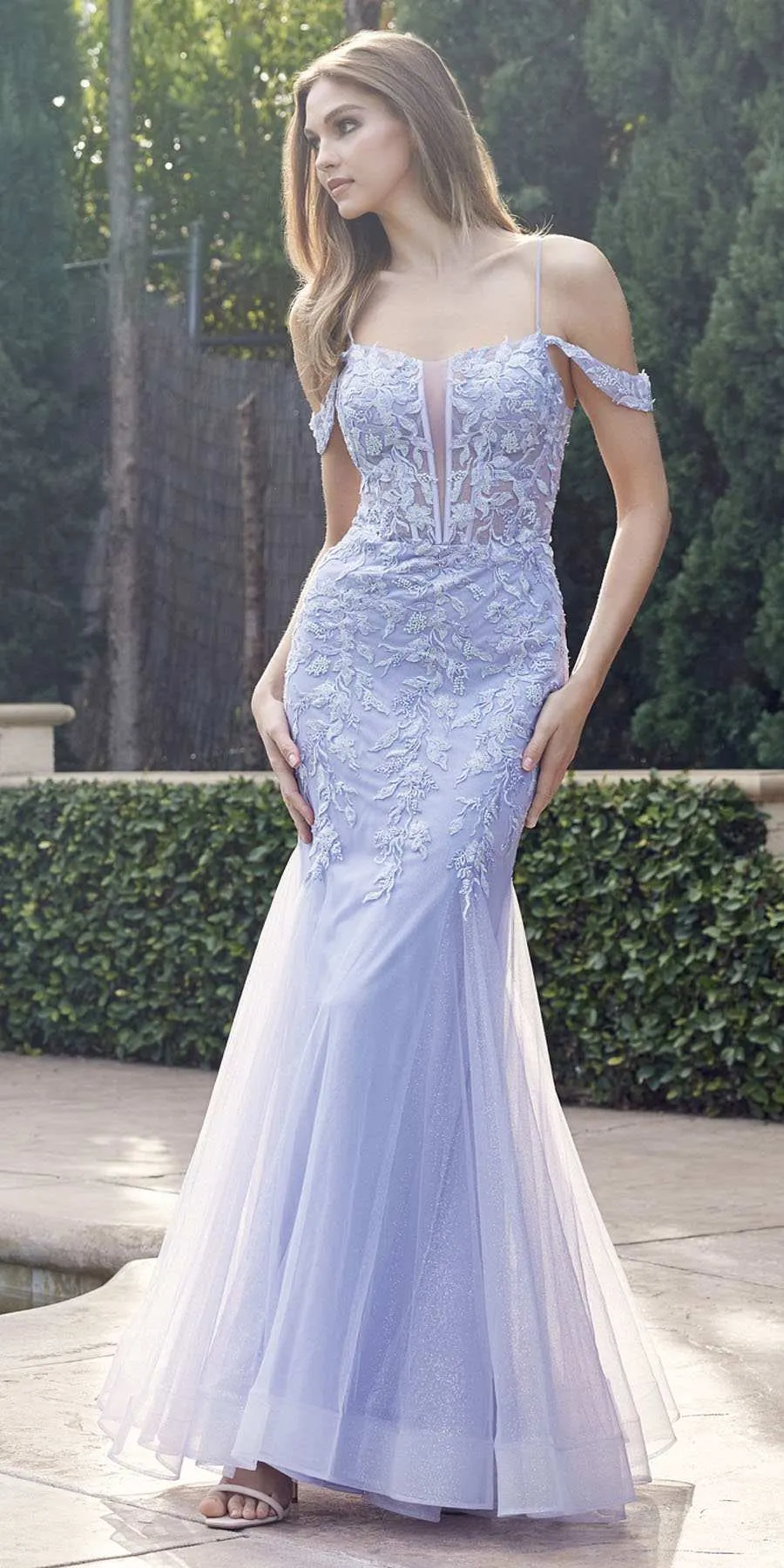 Juliet 290 Leaf Lace Embroidered Fitted Plunging Deep V-Neckline Prom Gown
