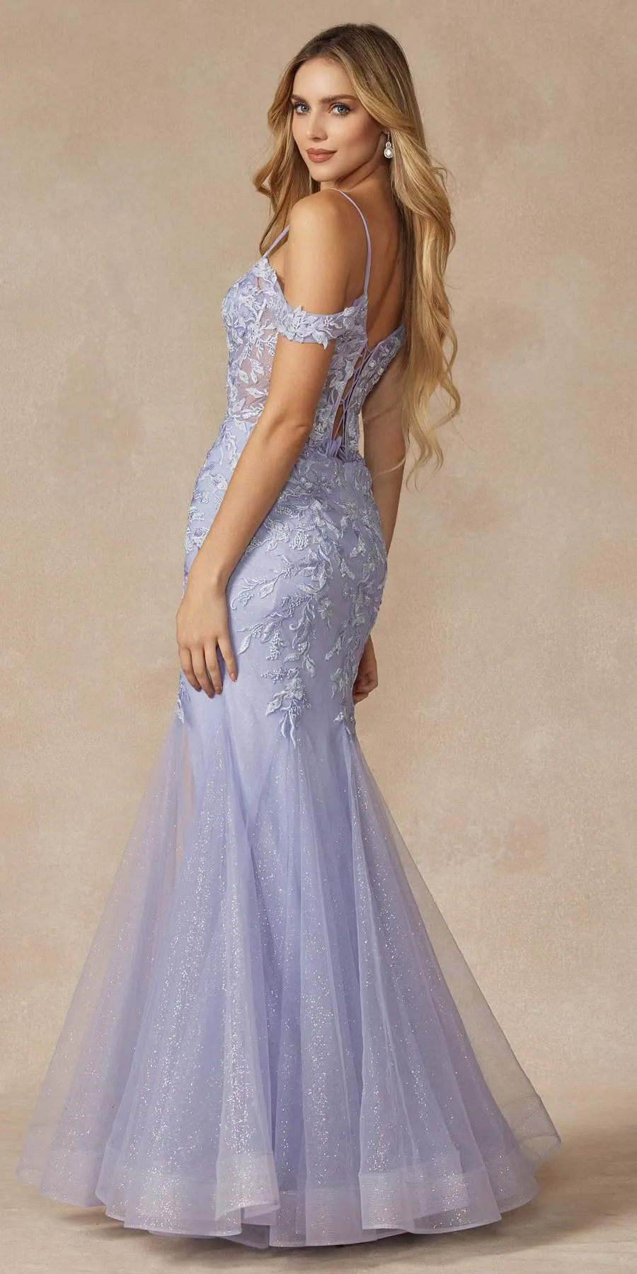 Juliet 290 Leaf Lace Embroidered Fitted Plunging Deep V-Neckline Prom Gown