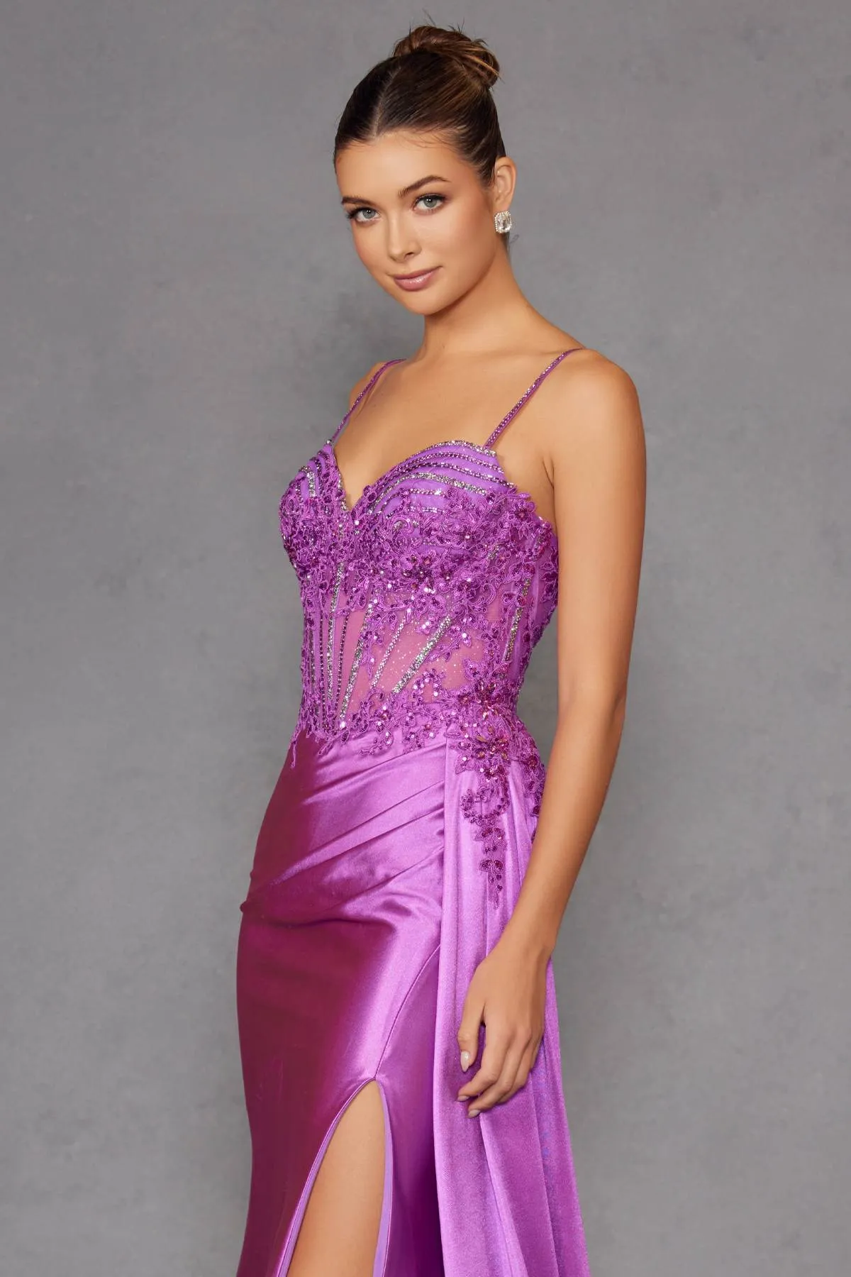 Juliet JT2535K Long Fitted Boned Corset Sweetheart Neck Side Slit Gown