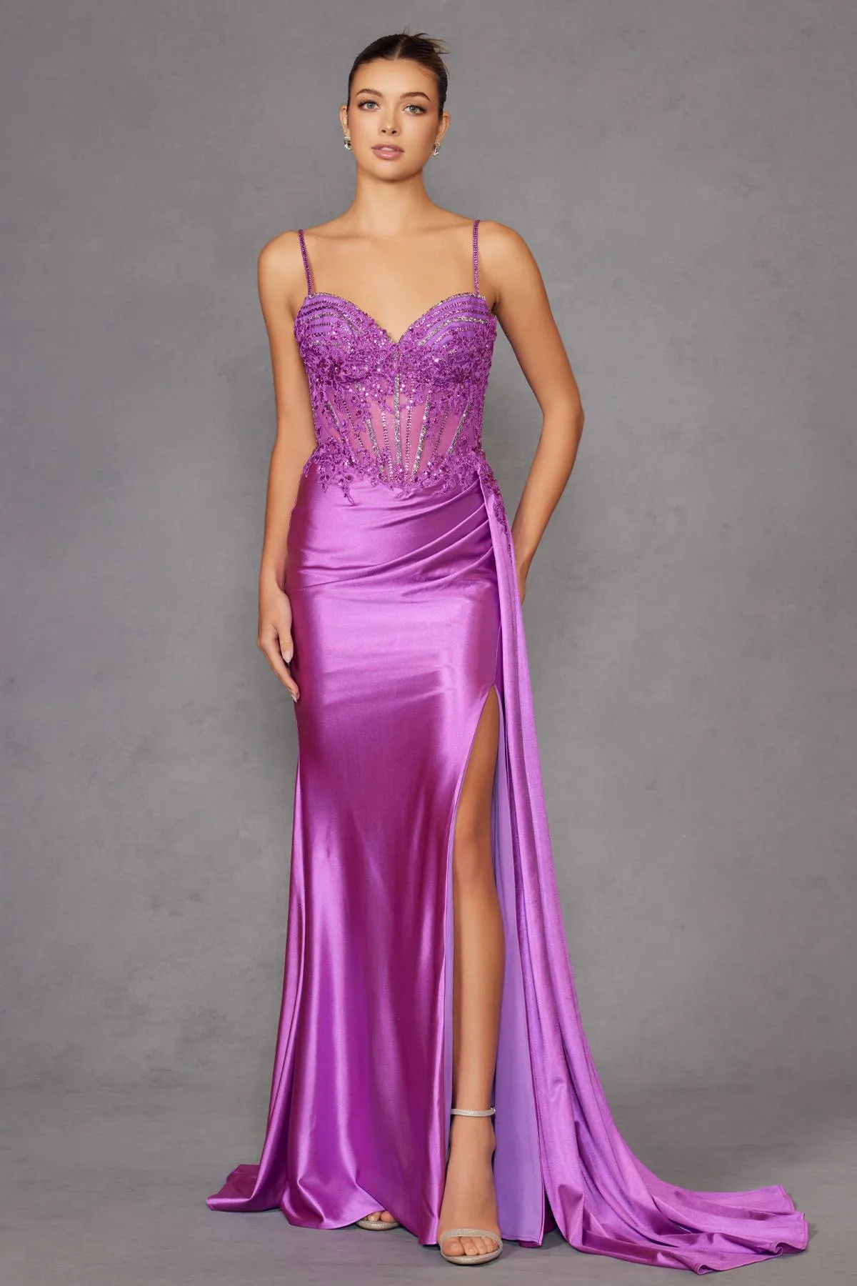 Juliet JT2535K Long Fitted Boned Corset Sweetheart Neck Side Slit Gown