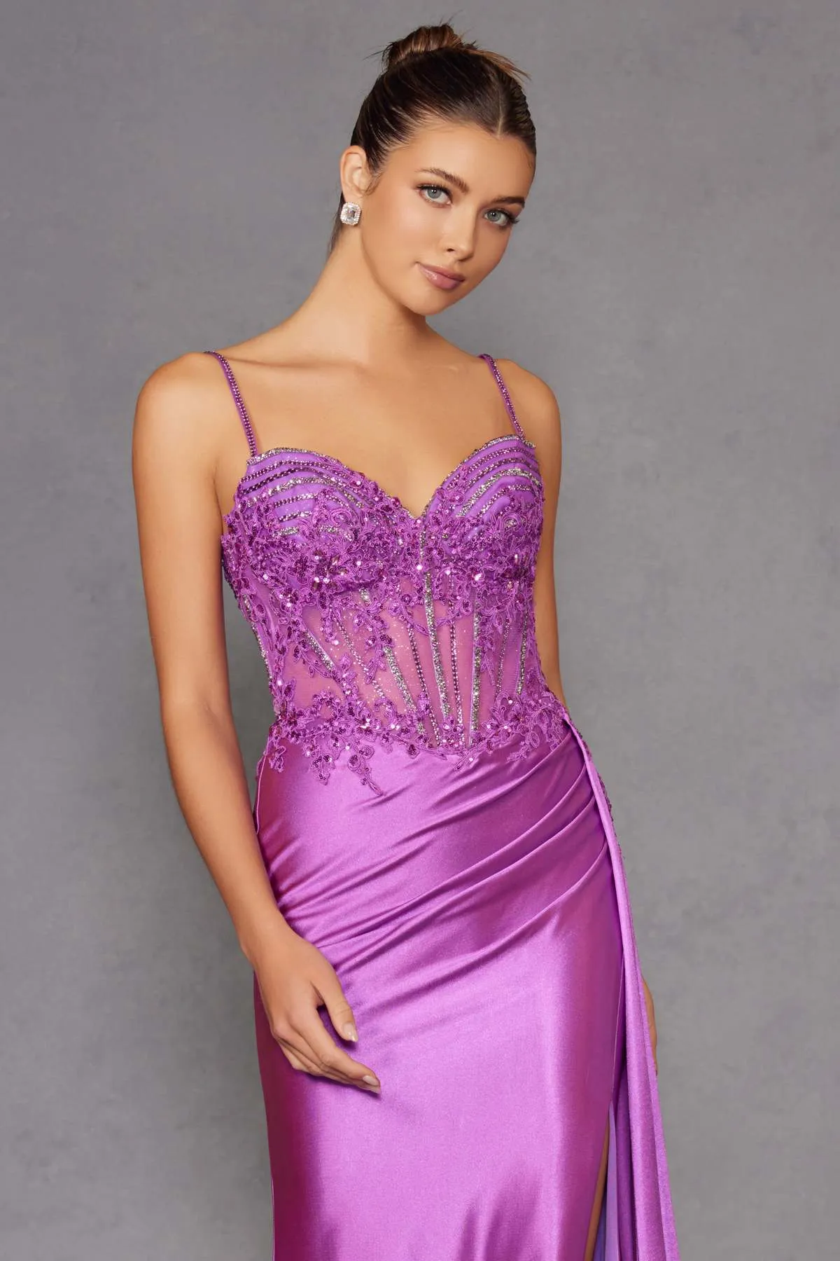 Juliet JT2535K Long Fitted Boned Corset Sweetheart Neck Side Slit Gown