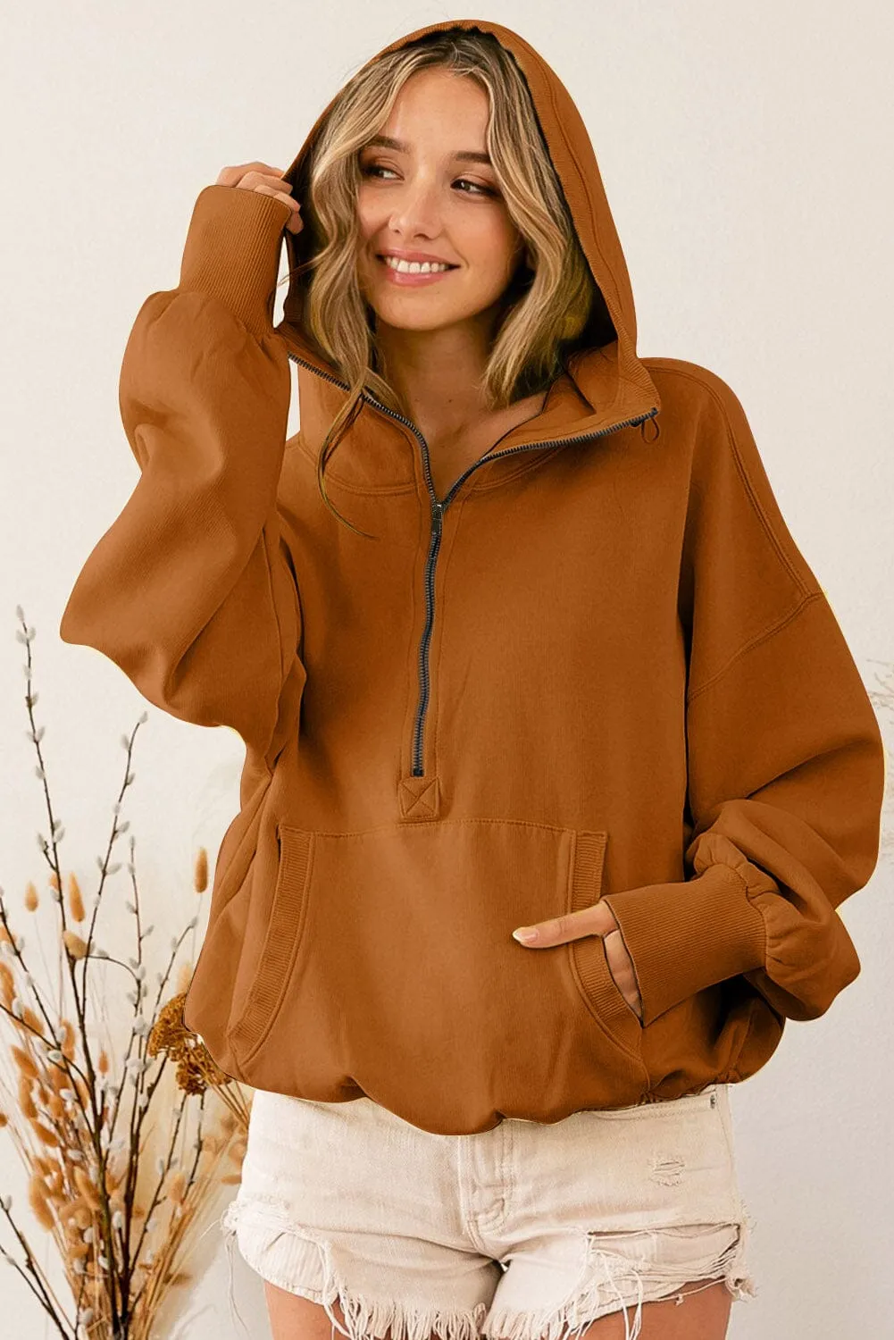 KaleaBoutique  Brown Ribbed Trim Kangaroo Pocket Zipped Hoodie