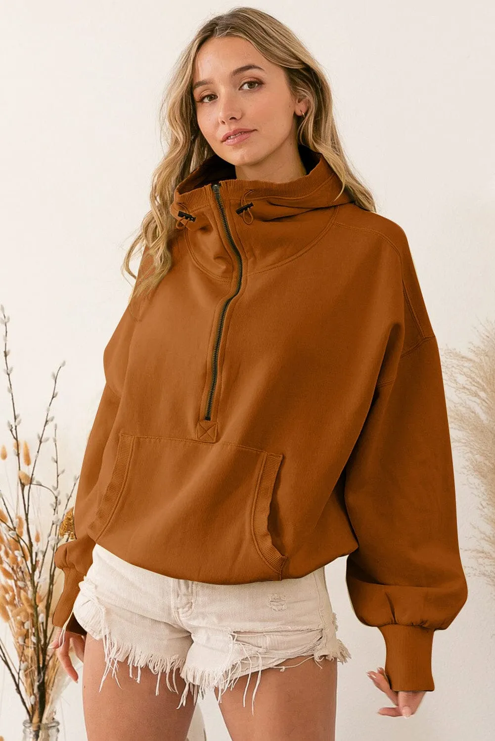 KaleaBoutique  Brown Ribbed Trim Kangaroo Pocket Zipped Hoodie