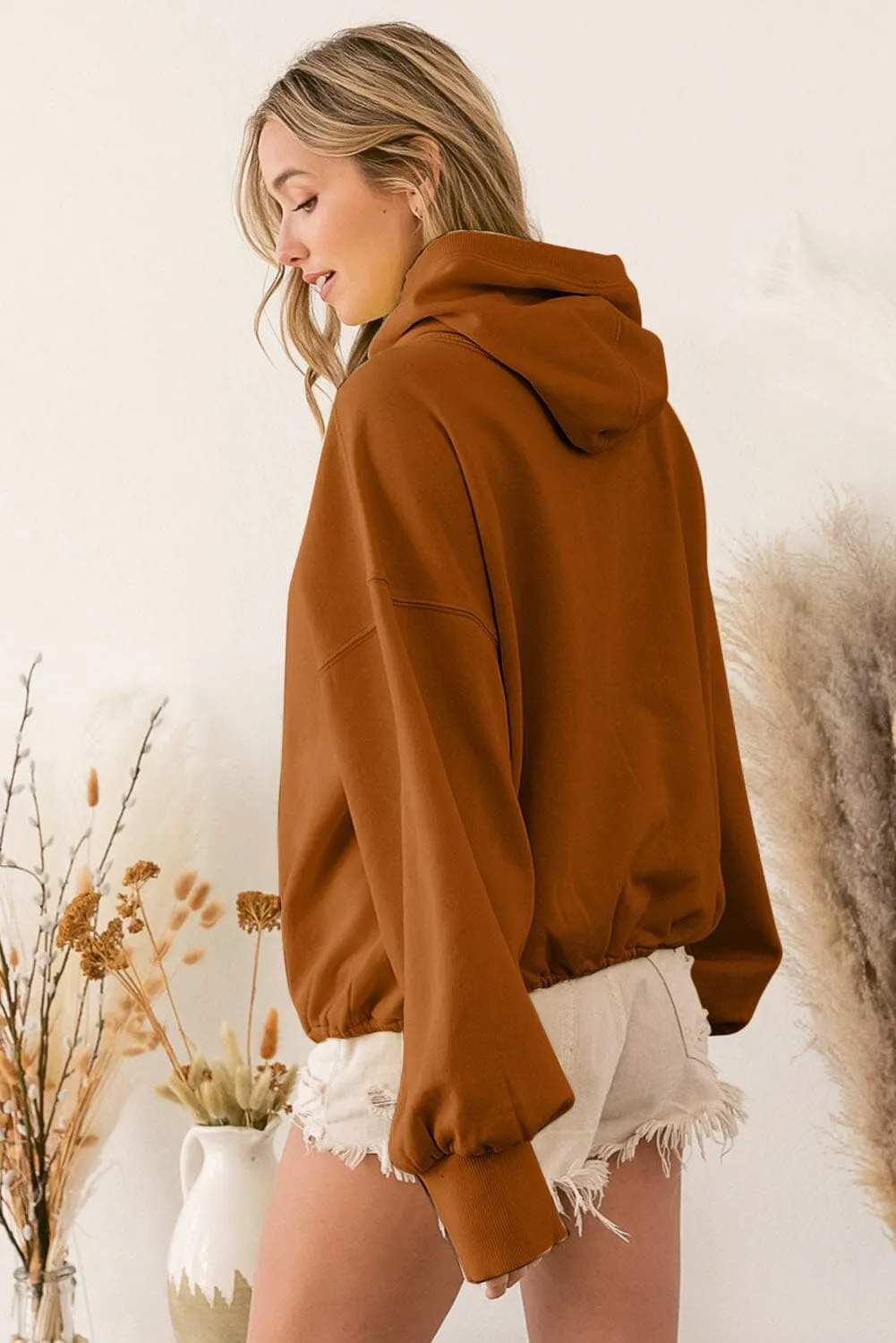 KaleaBoutique  Brown Ribbed Trim Kangaroo Pocket Zipped Hoodie