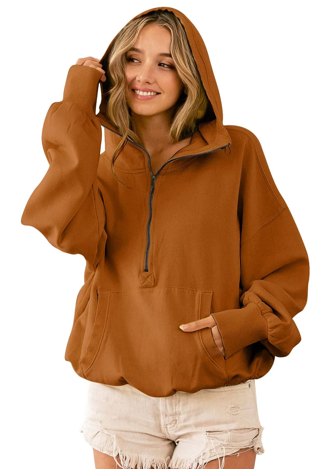 KaleaBoutique  Brown Ribbed Trim Kangaroo Pocket Zipped Hoodie