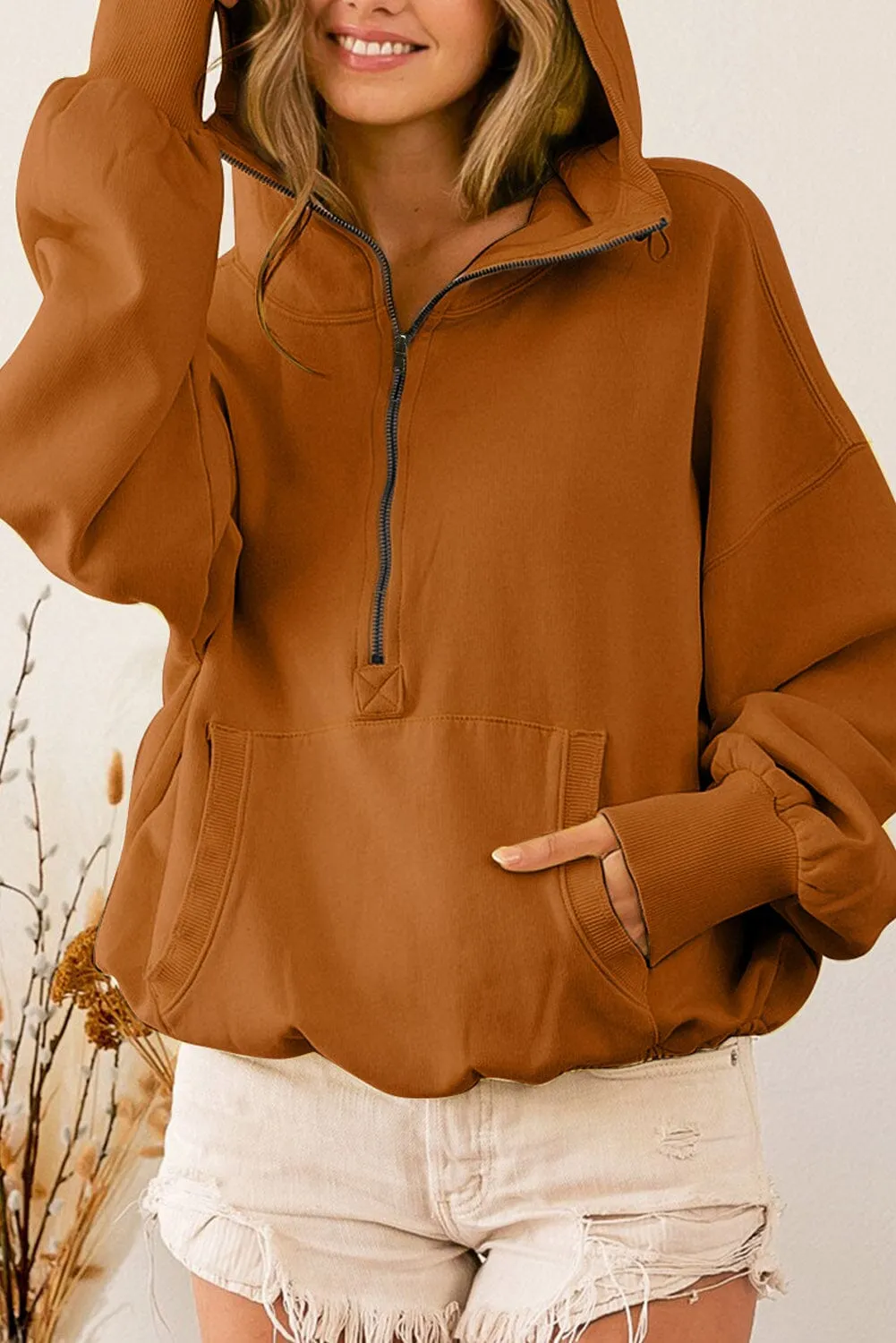 KaleaBoutique  Brown Ribbed Trim Kangaroo Pocket Zipped Hoodie
