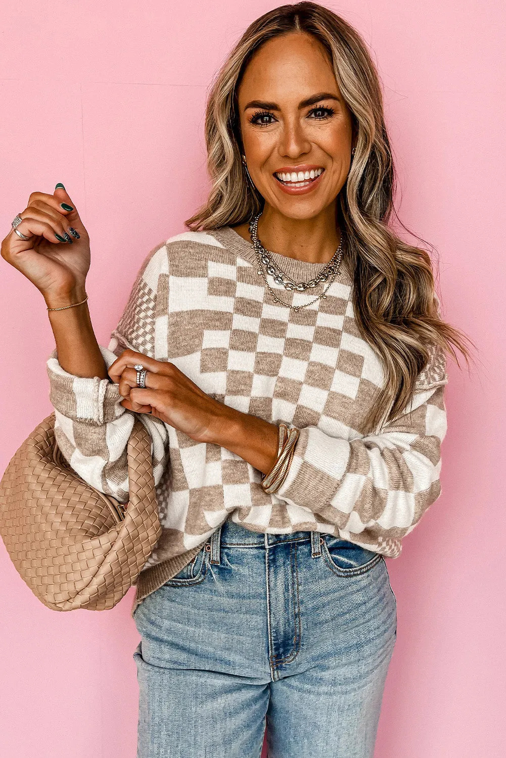 KaleaBoutique Checkered Print Drop Shoulder Round Neck Sweater