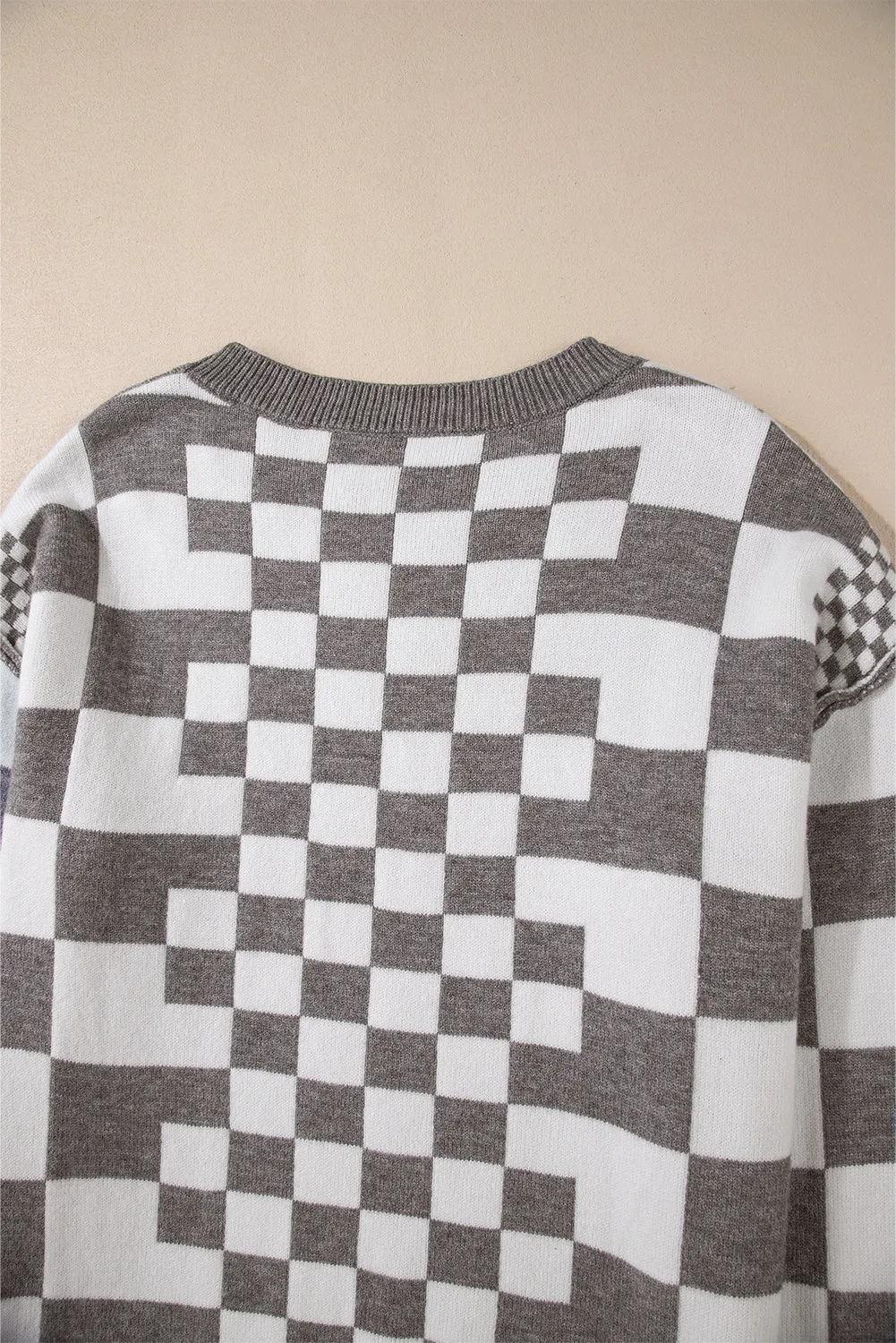KaleaBoutique Checkered Print Drop Shoulder Round Neck Sweater