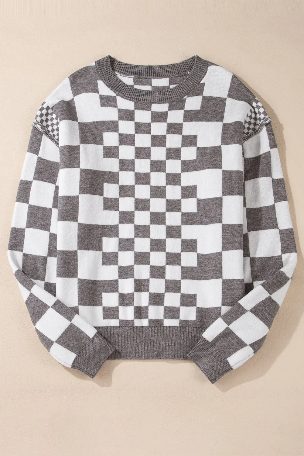 KaleaBoutique Checkered Print Drop Shoulder Round Neck Sweater