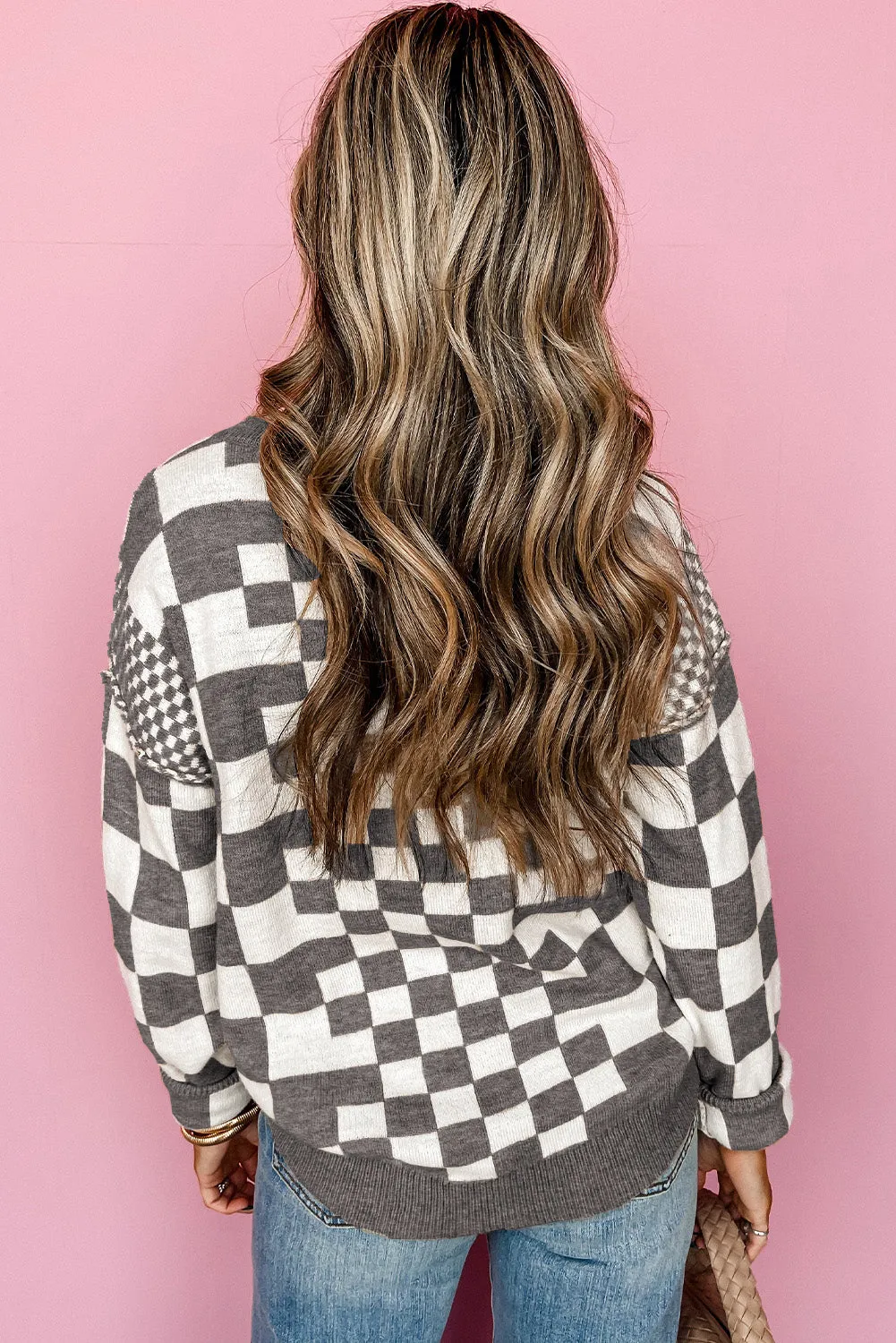 KaleaBoutique Checkered Print Drop Shoulder Round Neck Sweater