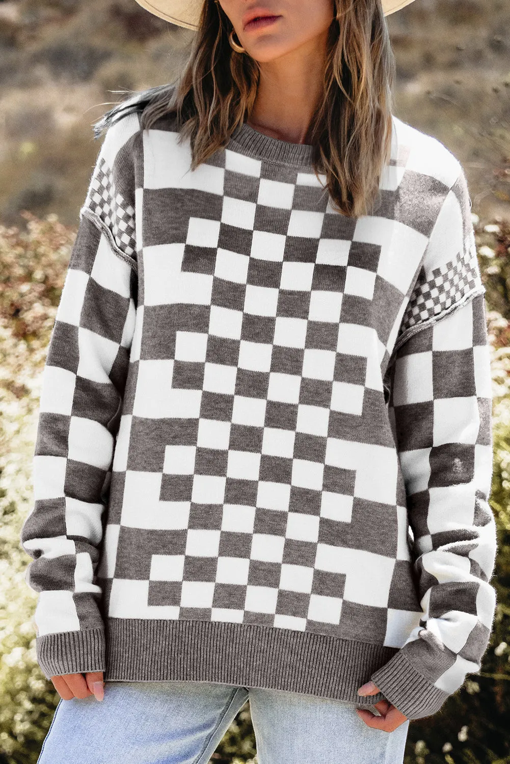 KaleaBoutique Checkered Print Drop Shoulder Round Neck Sweater