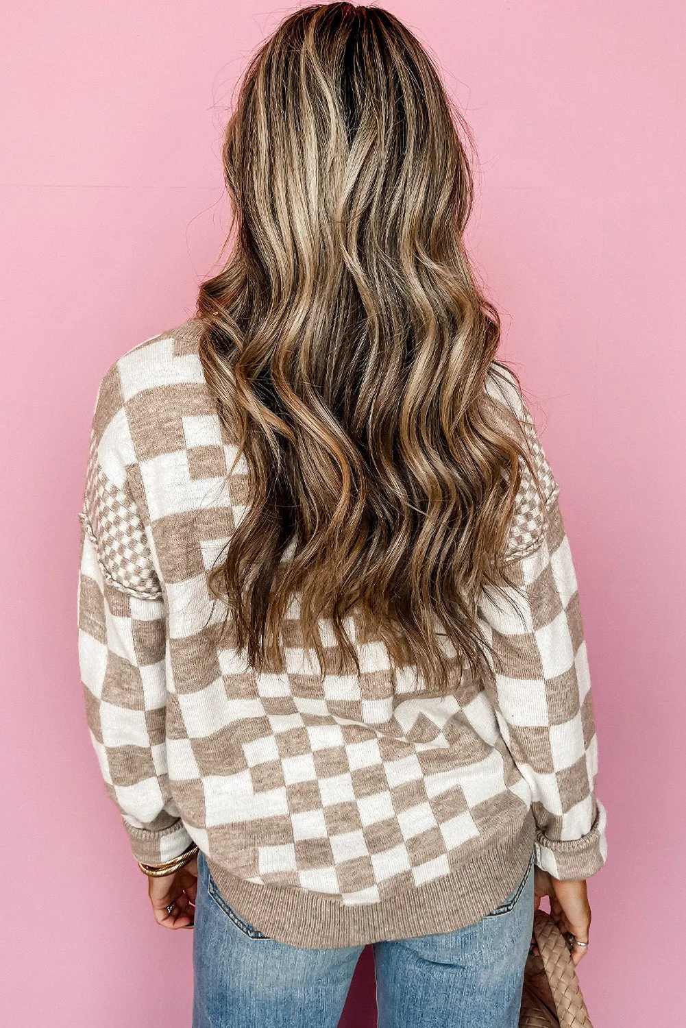 KaleaBoutique Checkered Print Drop Shoulder Round Neck Sweater