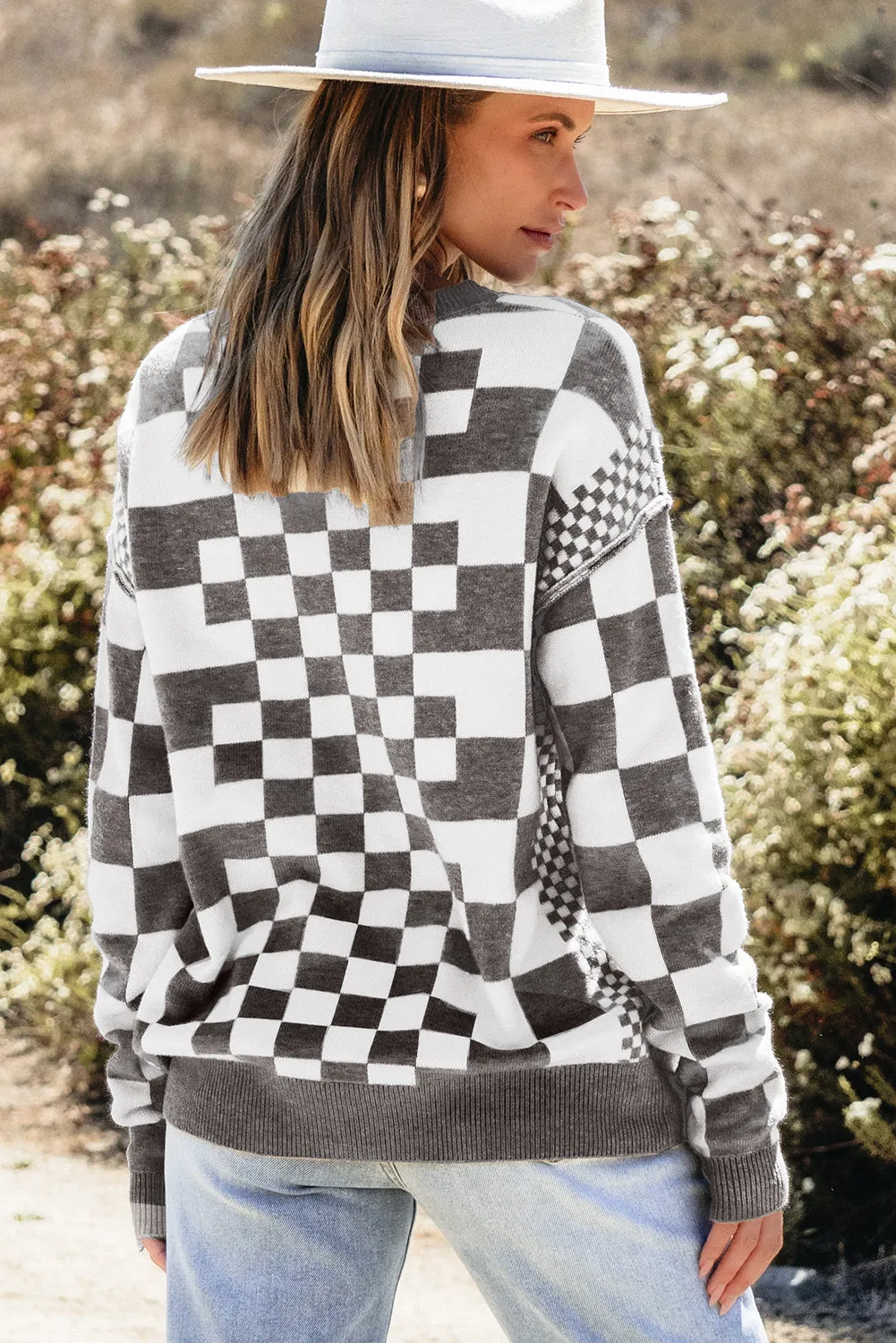 KaleaBoutique Checkered Print Drop Shoulder Round Neck Sweater