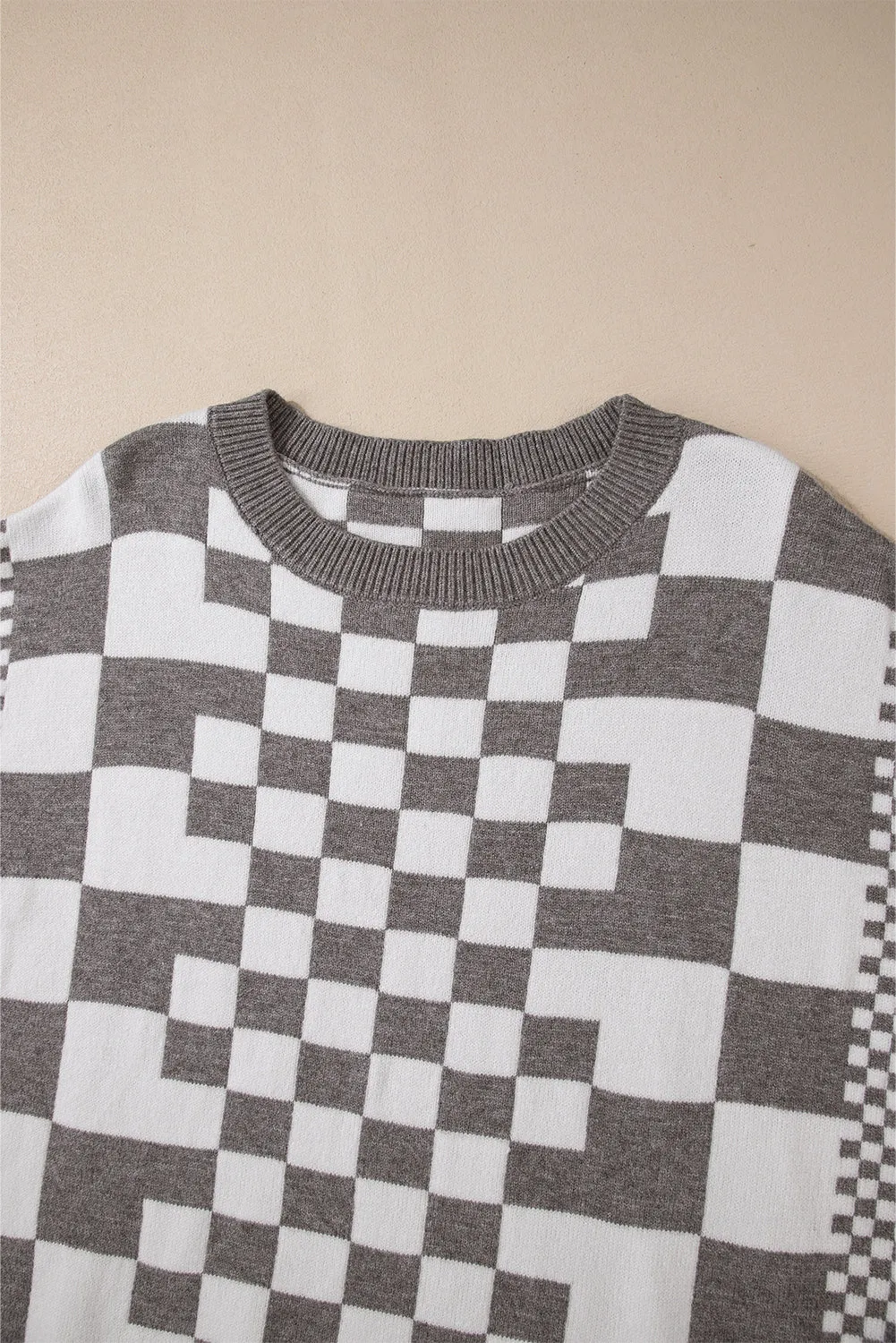 KaleaBoutique Checkered Print Drop Shoulder Round Neck Sweater