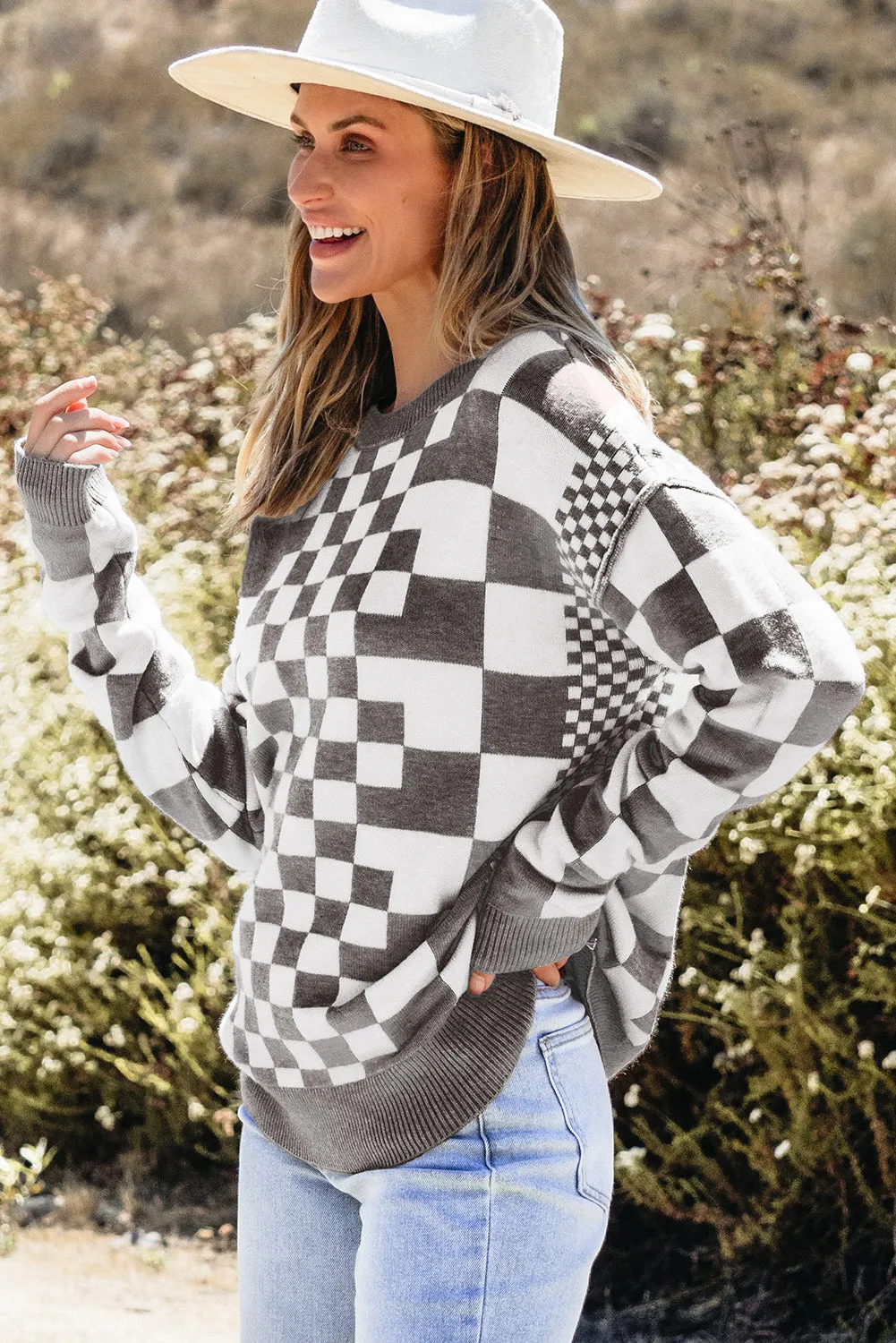KaleaBoutique Checkered Print Drop Shoulder Round Neck Sweater