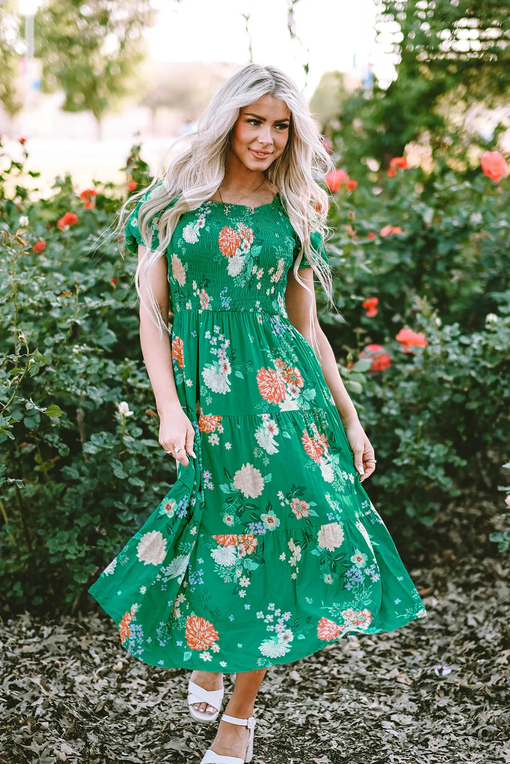 KaleaBoutique Floral Print Bubble Sleeve Smocked Tiered Midi Dress
