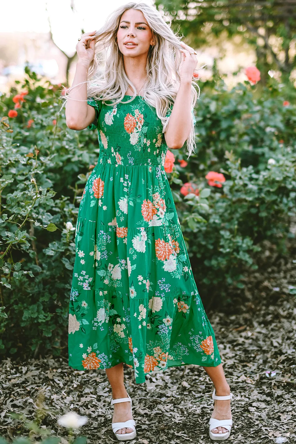 KaleaBoutique Floral Print Bubble Sleeve Smocked Tiered Midi Dress