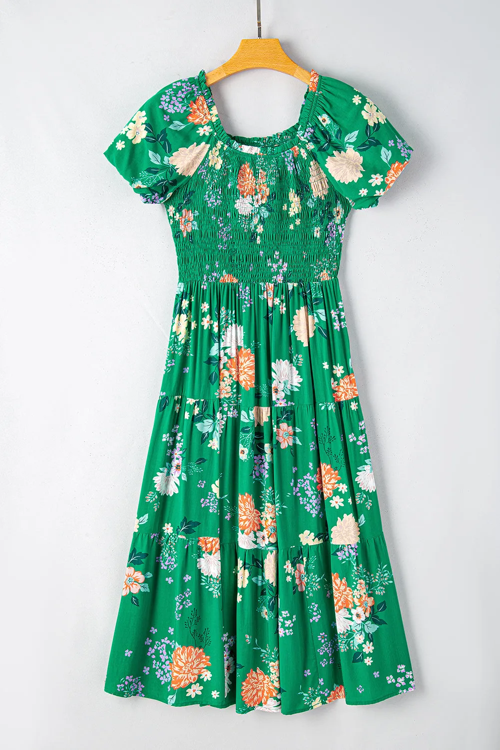 KaleaBoutique Floral Print Bubble Sleeve Smocked Tiered Midi Dress