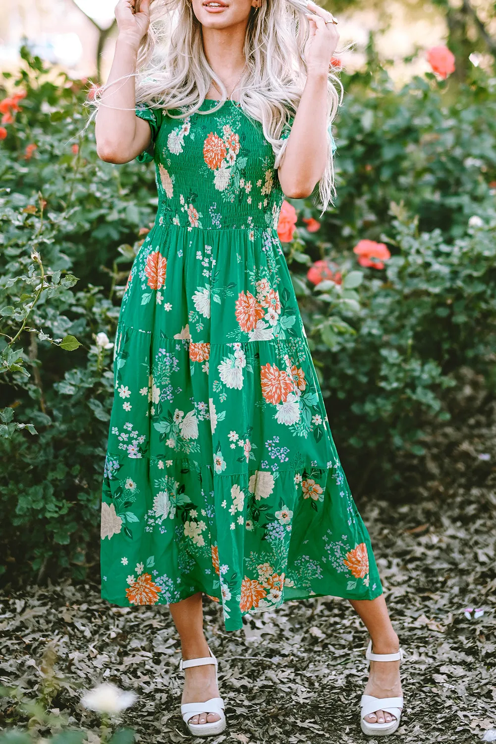 KaleaBoutique Floral Print Bubble Sleeve Smocked Tiered Midi Dress