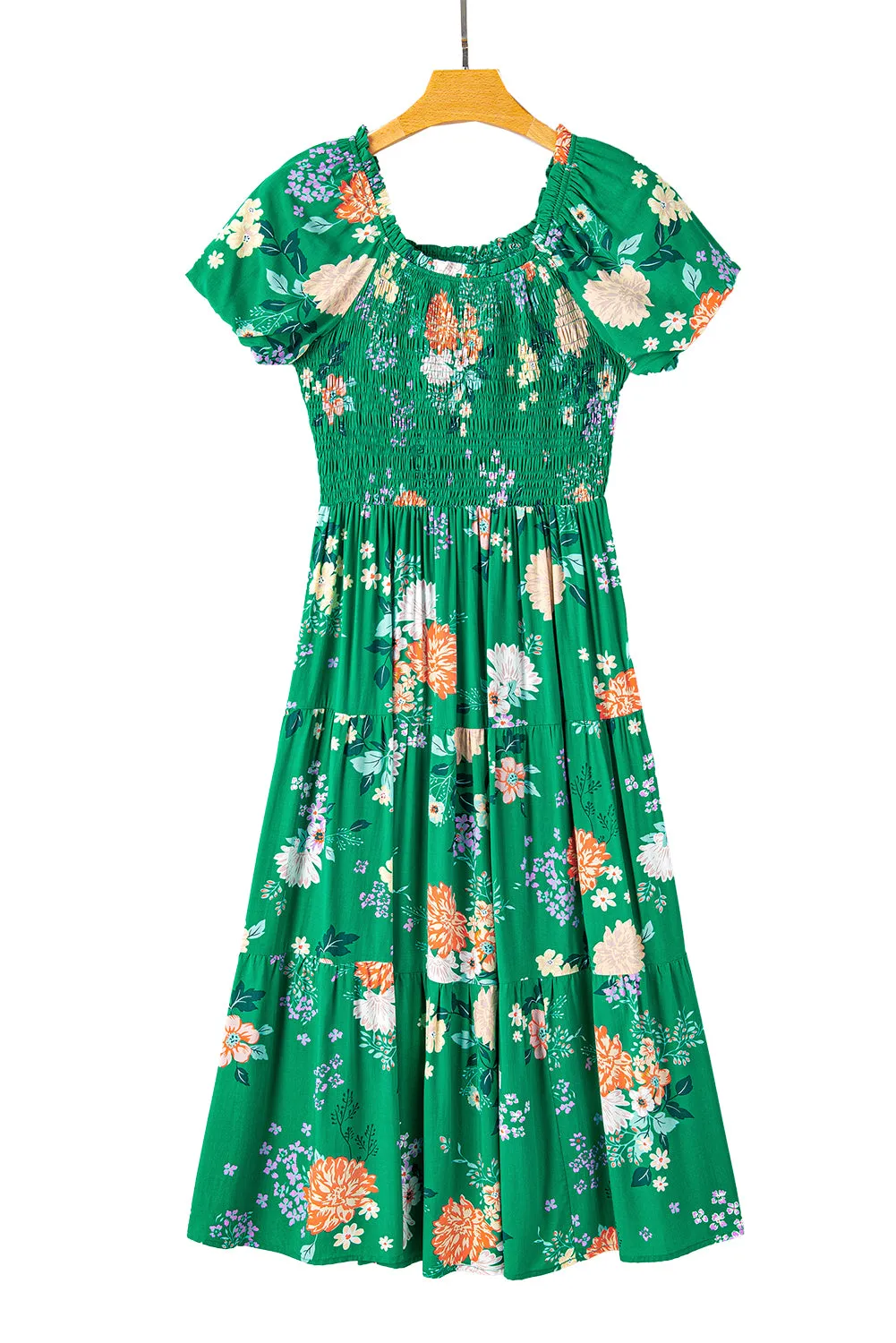 KaleaBoutique Floral Print Bubble Sleeve Smocked Tiered Midi Dress
