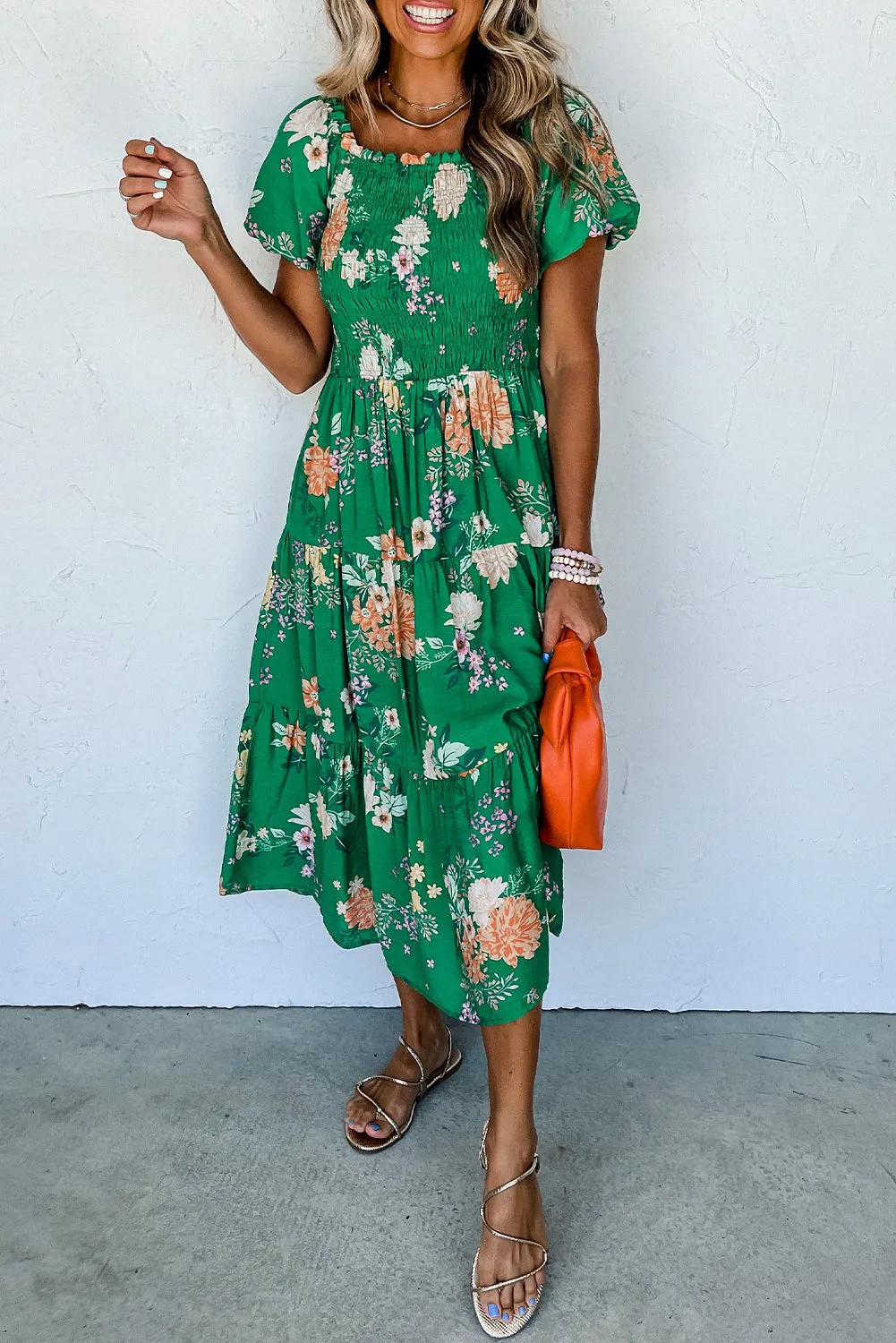 KaleaBoutique Floral Print Bubble Sleeve Smocked Tiered Midi Dress