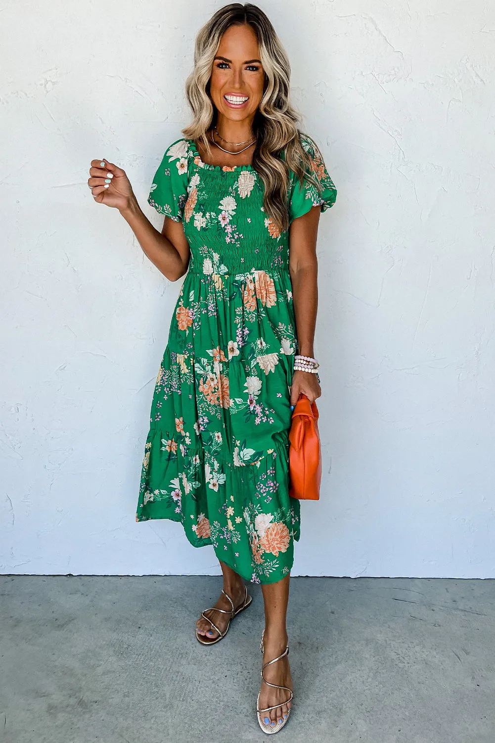 KaleaBoutique Floral Print Bubble Sleeve Smocked Tiered Midi Dress