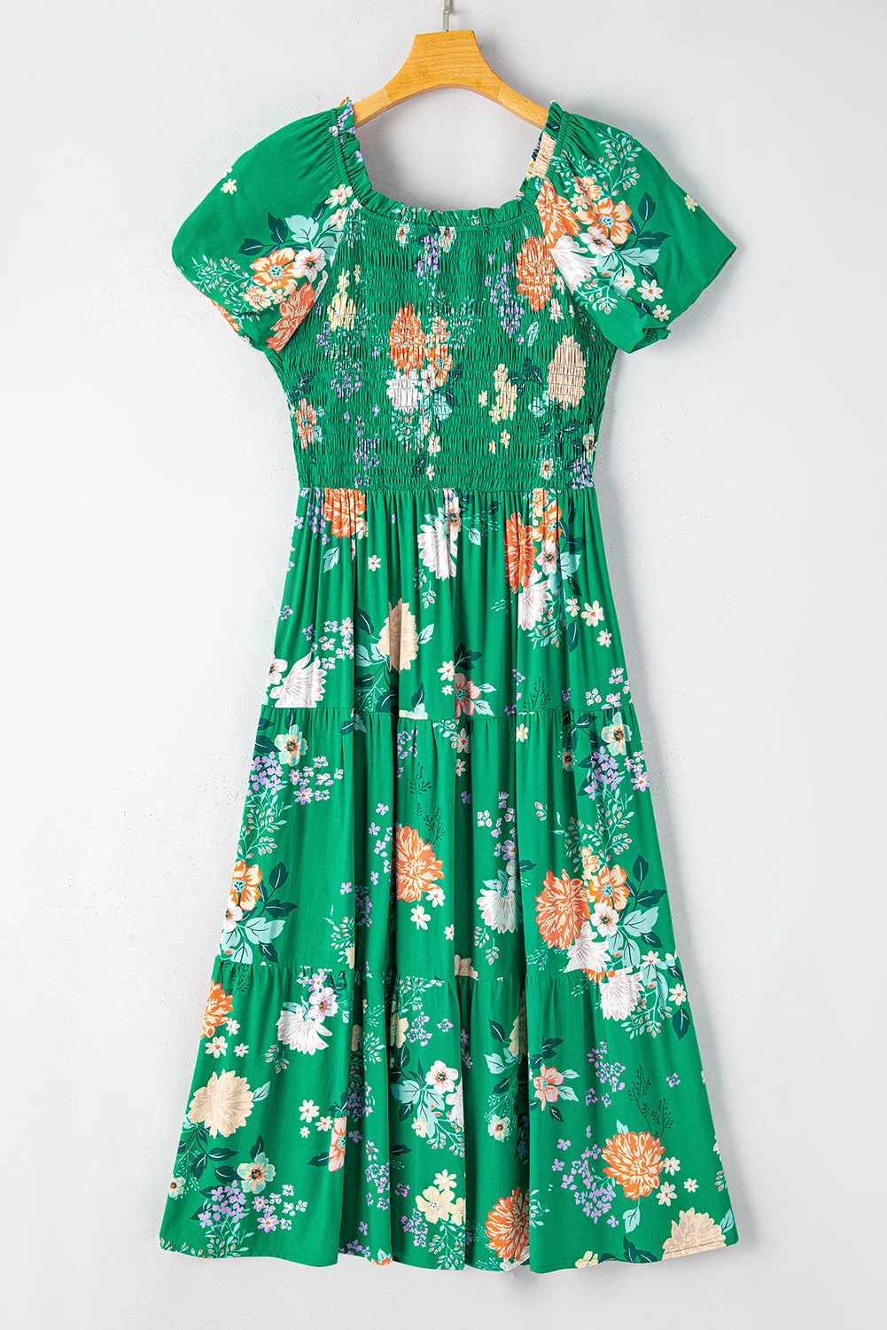 KaleaBoutique Floral Print Bubble Sleeve Smocked Tiered Midi Dress