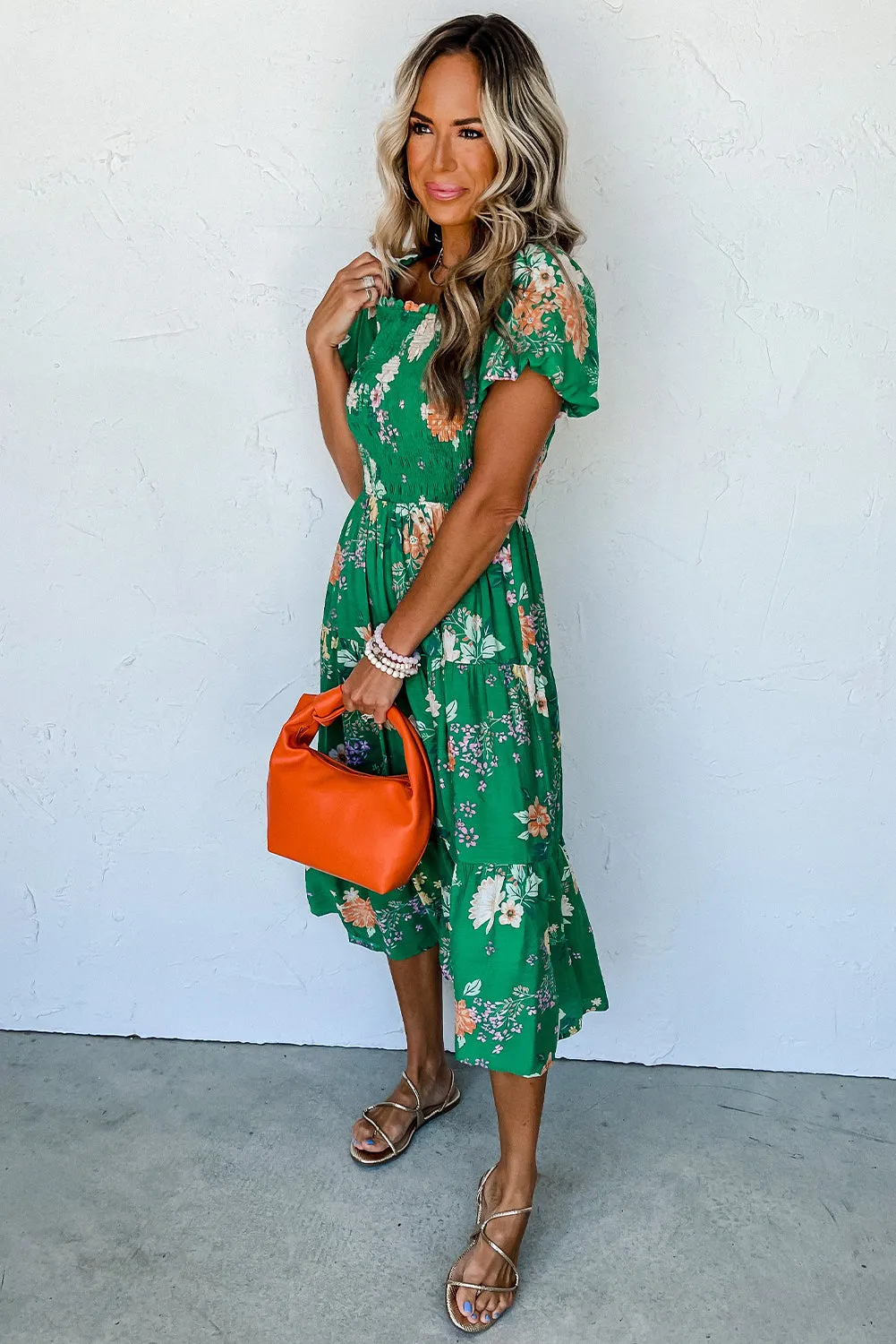 KaleaBoutique Floral Print Bubble Sleeve Smocked Tiered Midi Dress