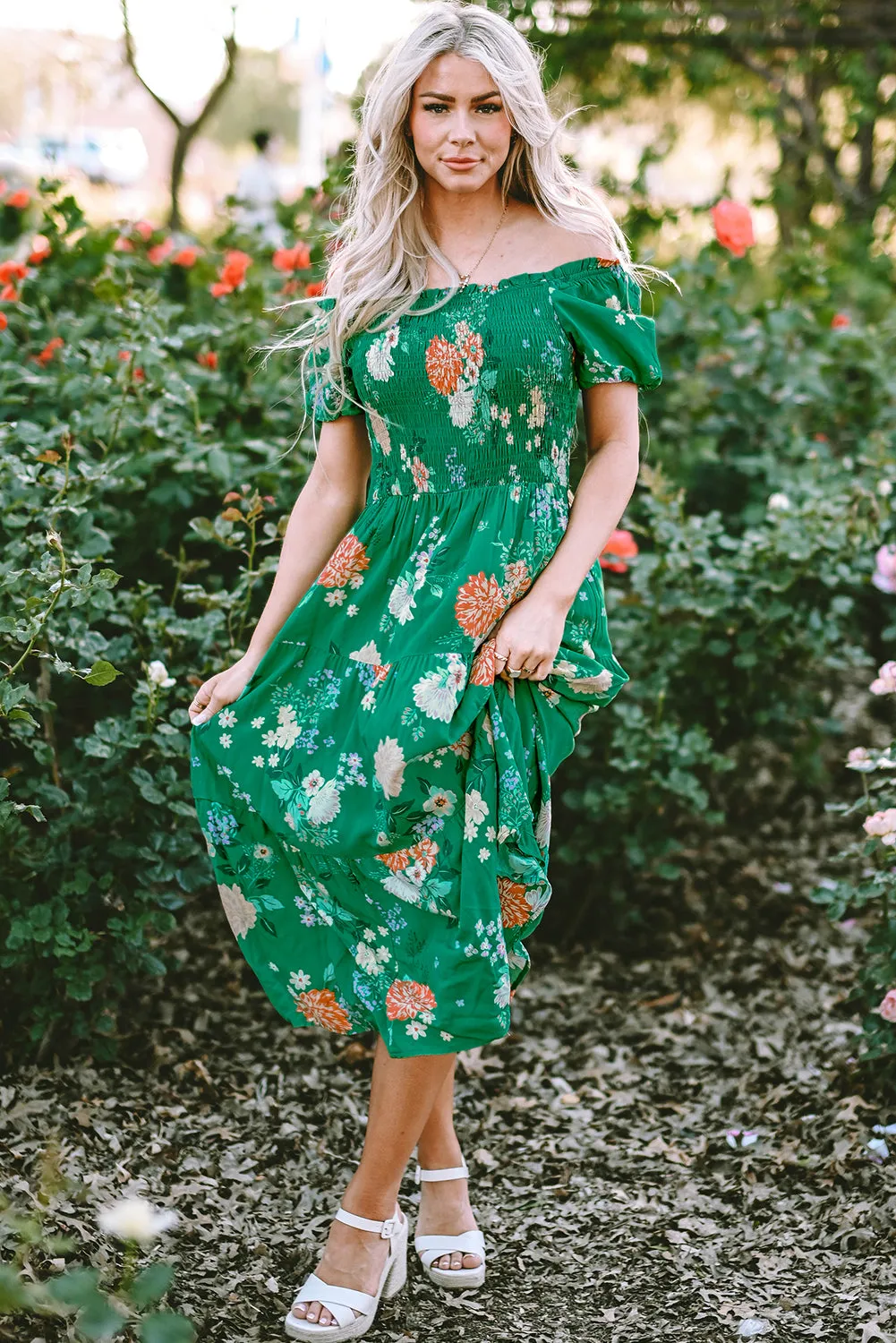 KaleaBoutique Floral Print Bubble Sleeve Smocked Tiered Midi Dress
