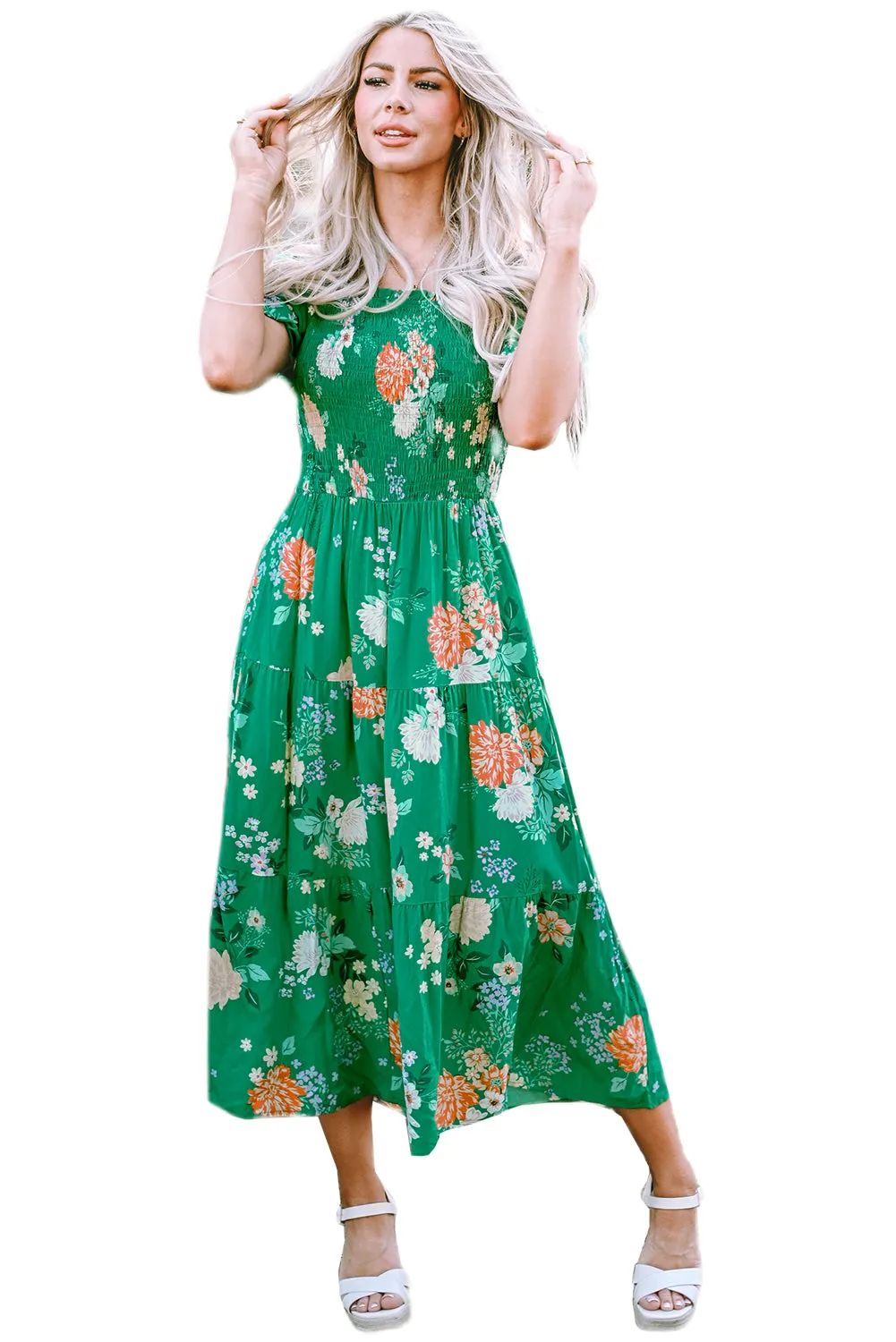 KaleaBoutique Floral Print Bubble Sleeve Smocked Tiered Midi Dress
