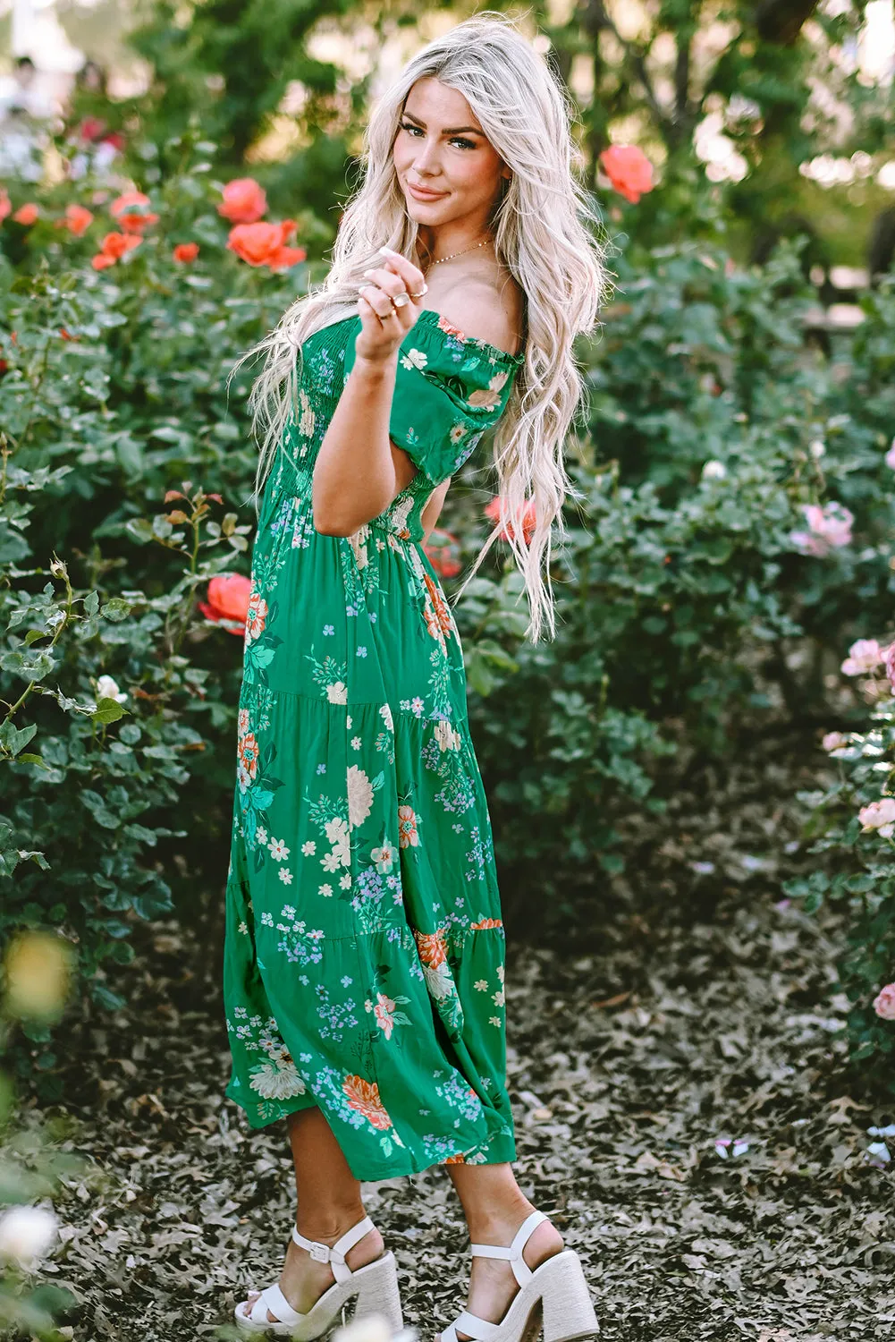KaleaBoutique Floral Print Bubble Sleeve Smocked Tiered Midi Dress
