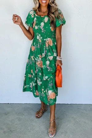 KaleaBoutique Floral Print Bubble Sleeve Smocked Tiered Midi Dress
