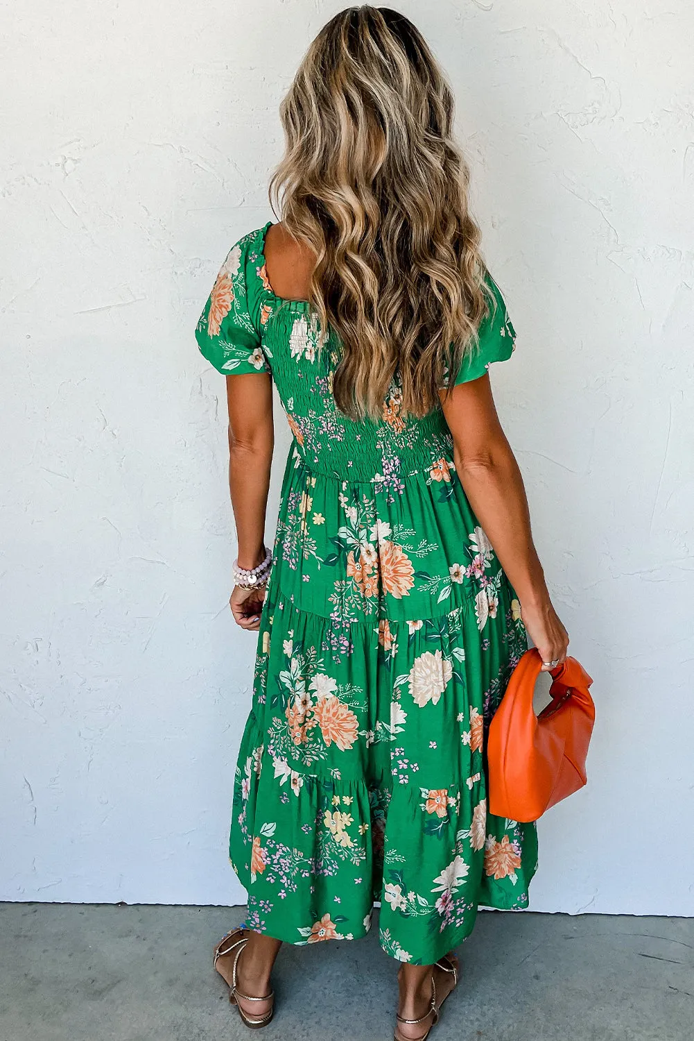 KaleaBoutique Floral Print Bubble Sleeve Smocked Tiered Midi Dress