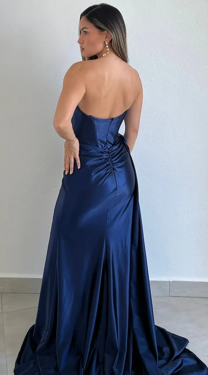 Keep it Regal Navy Strapless Satin Formal Gown