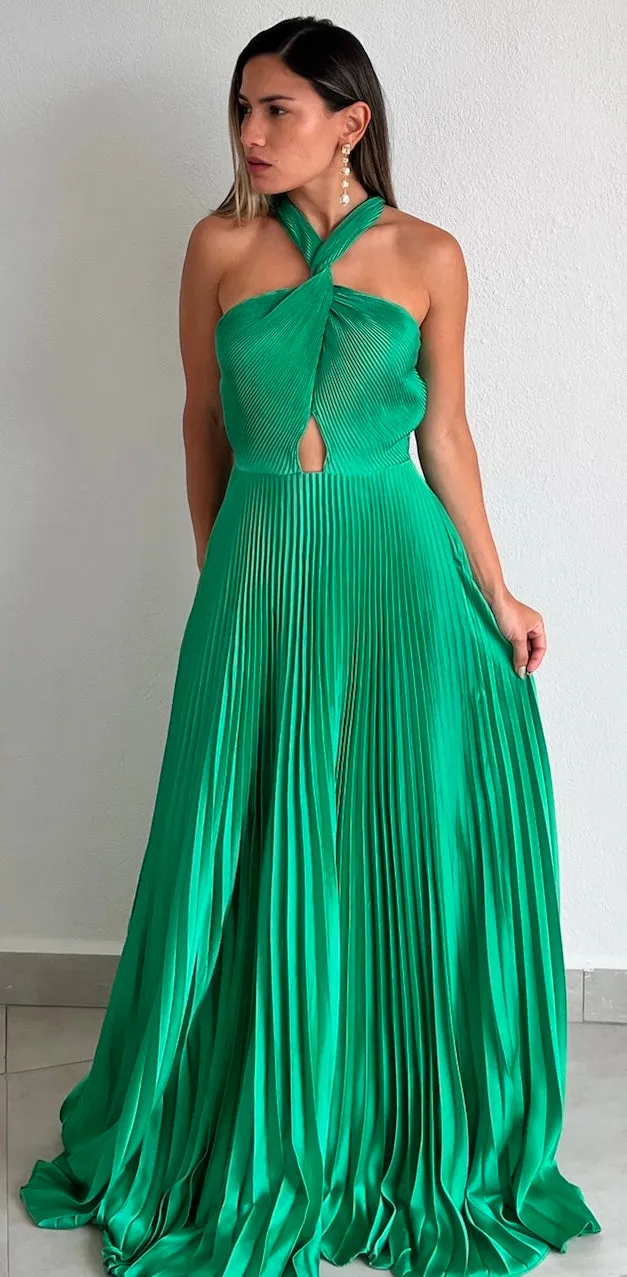 Keep You Enchanted Green Pleated Long Dress