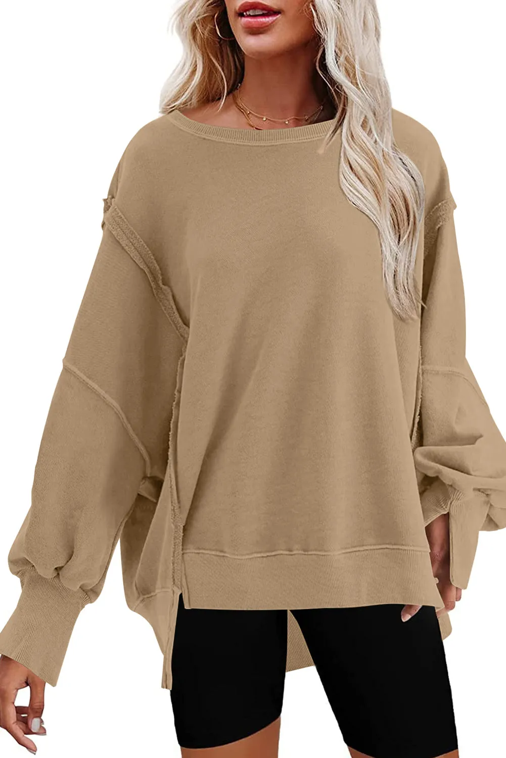 Khaki Exposed Seam Drop Shoulder Split Hem Sweatshirt