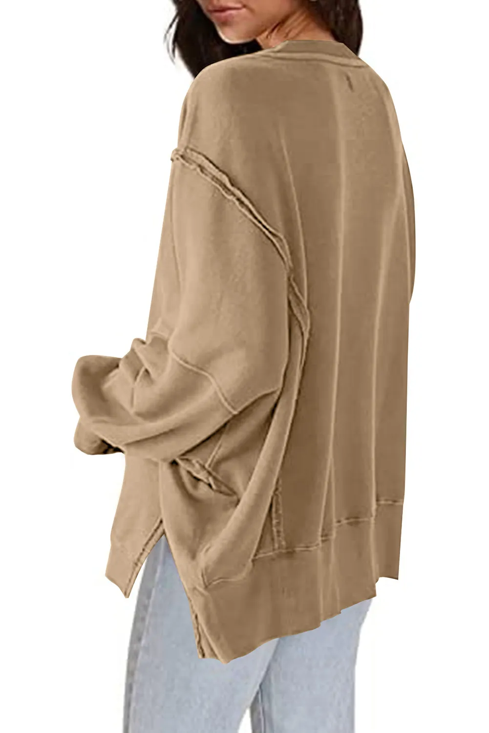 Khaki Exposed Seam Drop Shoulder Split Hem Sweatshirt