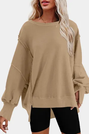 Khaki Exposed Seam Drop Shoulder Split Hem Sweatshirt