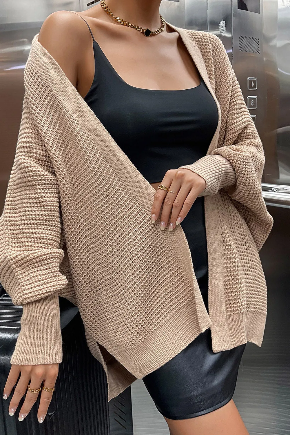 Khaki Knitted Dolman Sleeve Open Front Cardigan