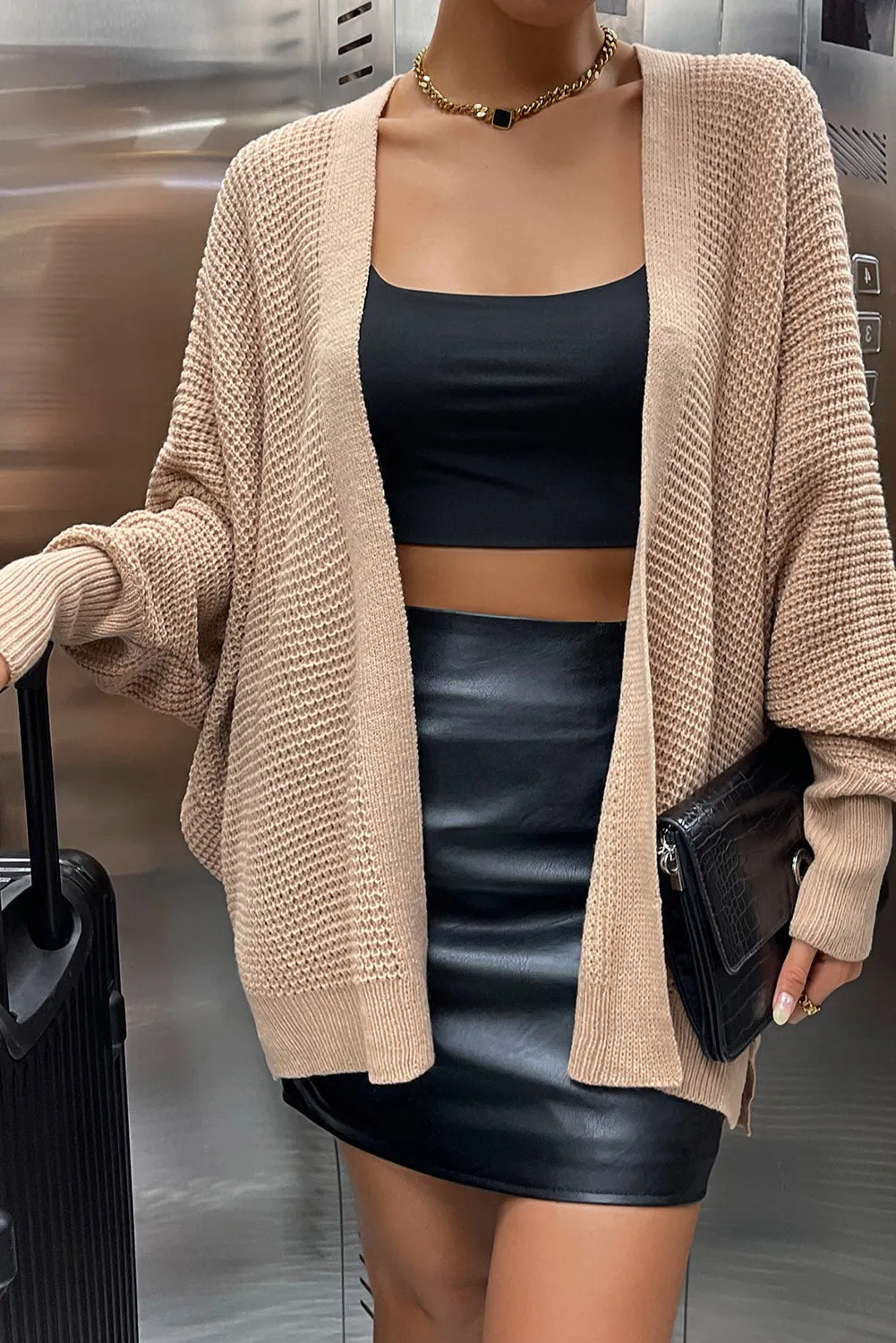 Khaki Knitted Dolman Sleeve Open Front Cardigan