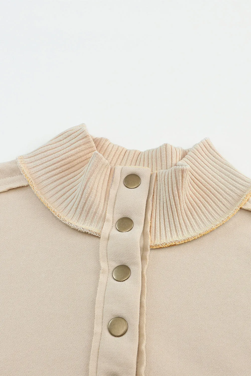 Khaki Ribbed Detail Snap Button Sweatshirt