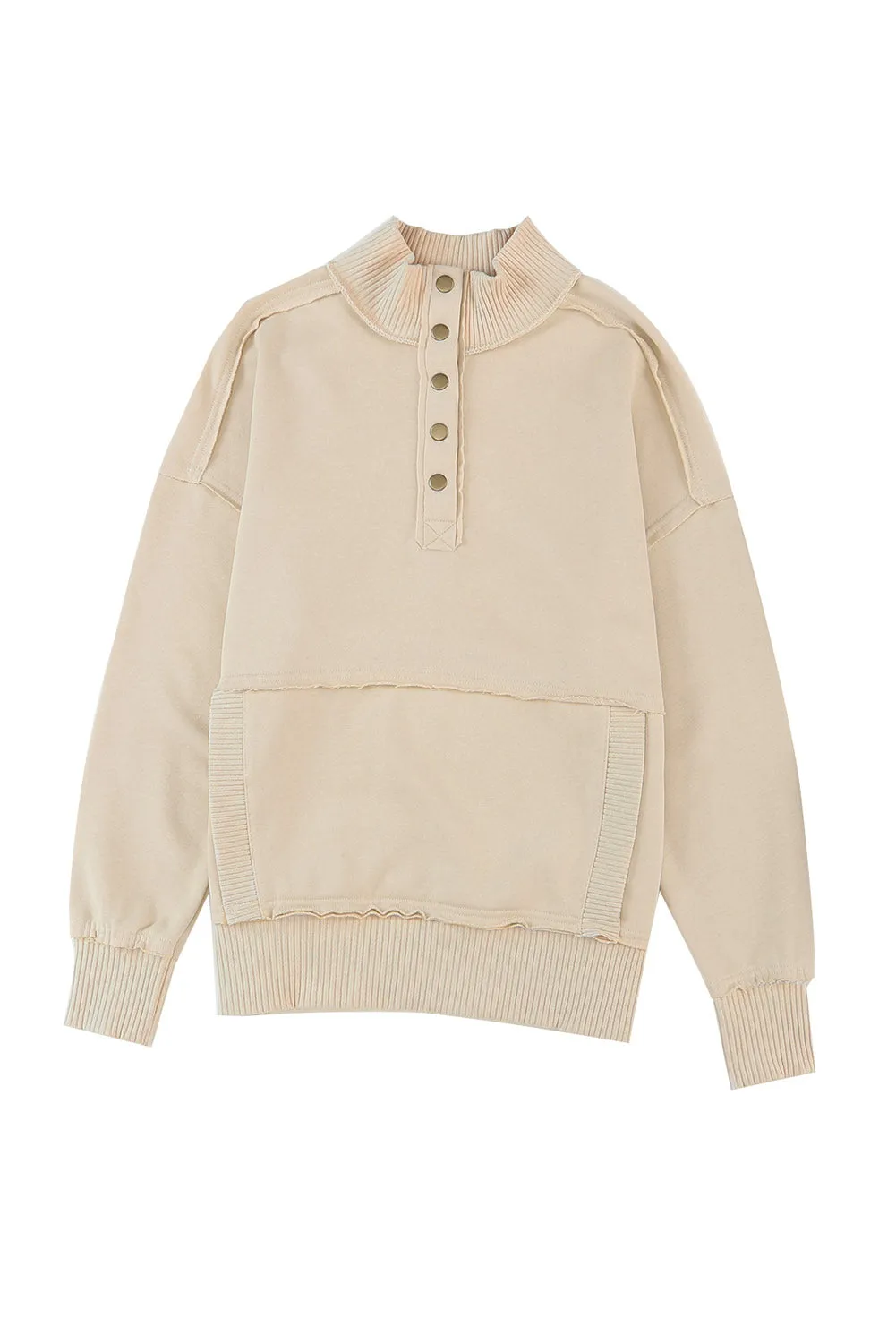 Khaki Ribbed Detail Snap Button Sweatshirt