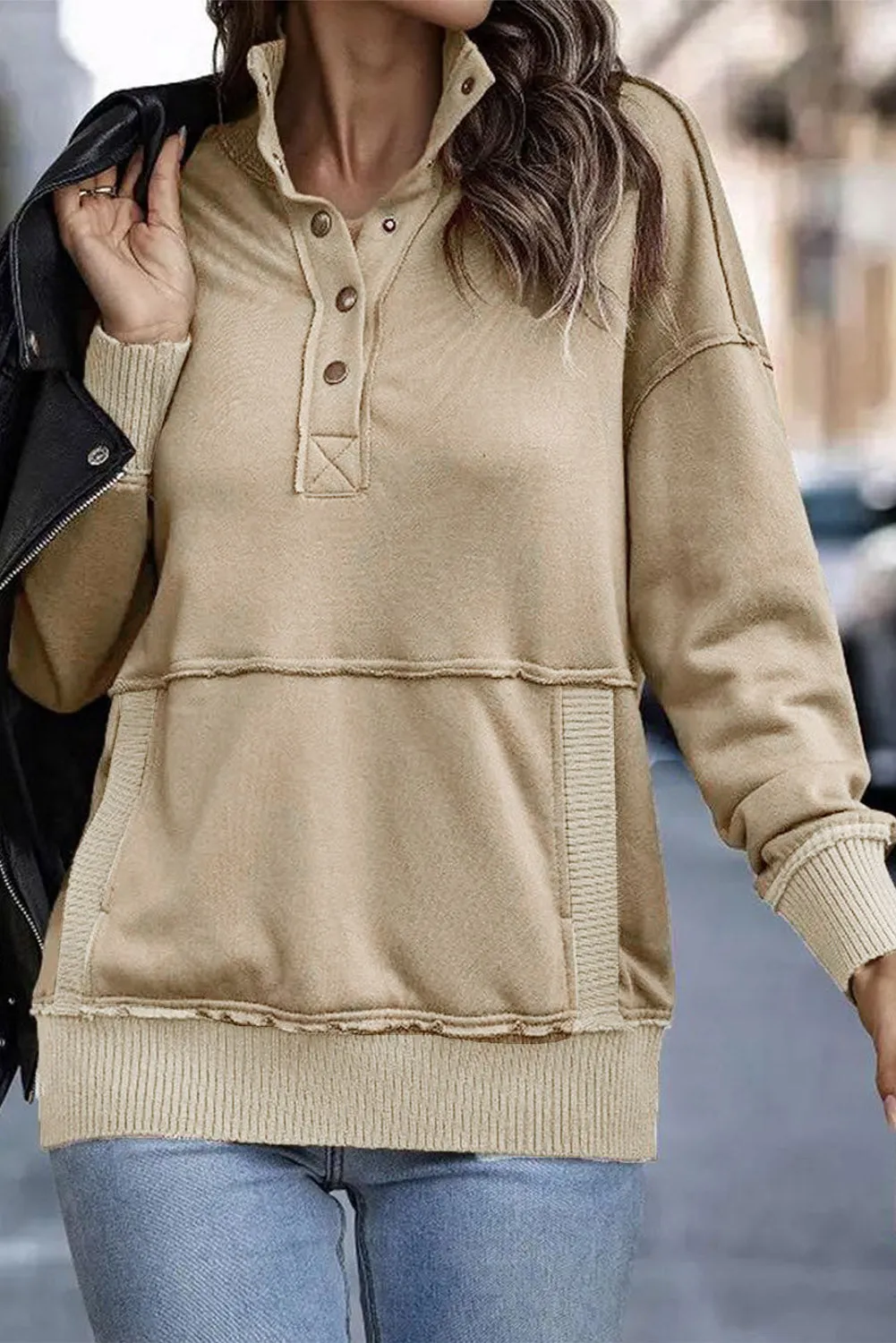 Khaki Ribbed Detail Snap Button Sweatshirt
