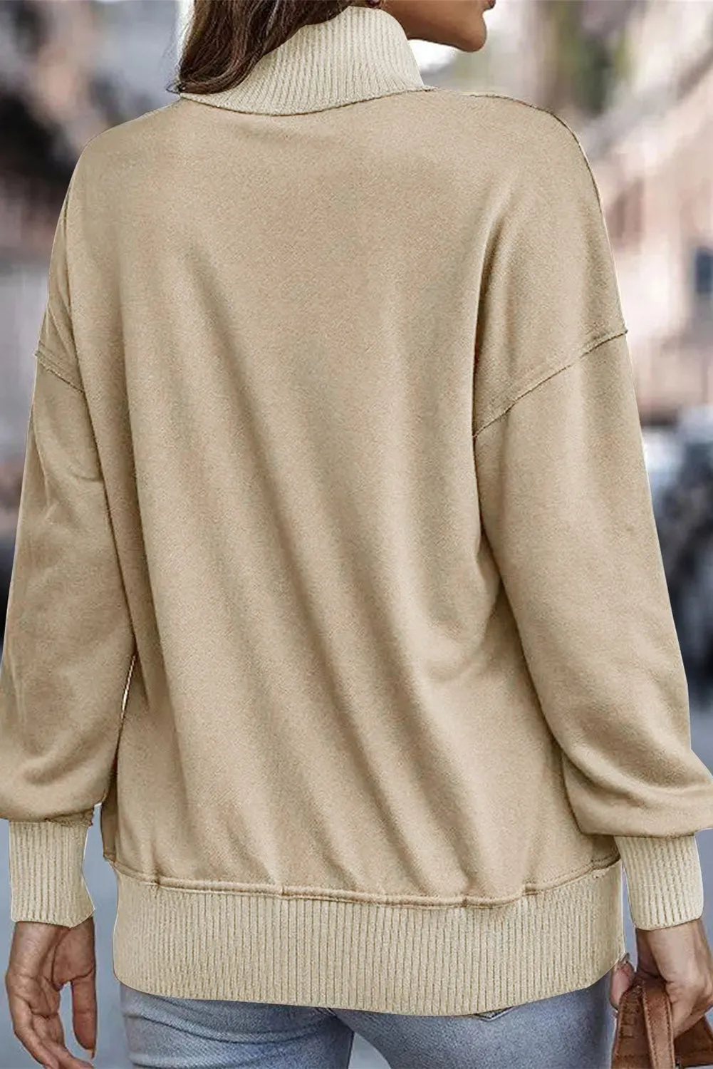 Khaki Ribbed Detail Snap Button Sweatshirt