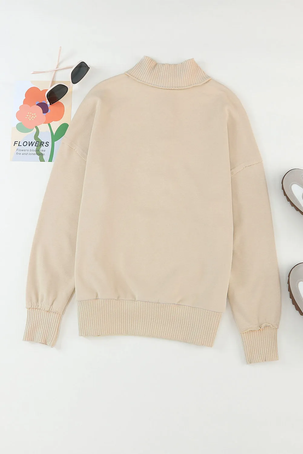 Khaki Ribbed Detail Snap Button Sweatshirt