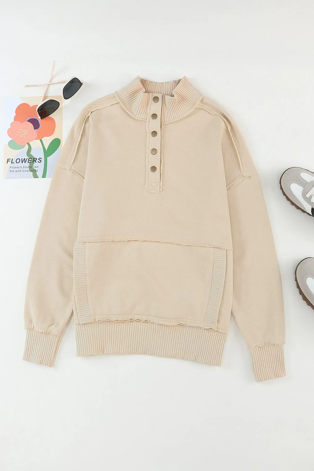 Khaki Ribbed Detail Snap Button Sweatshirt
