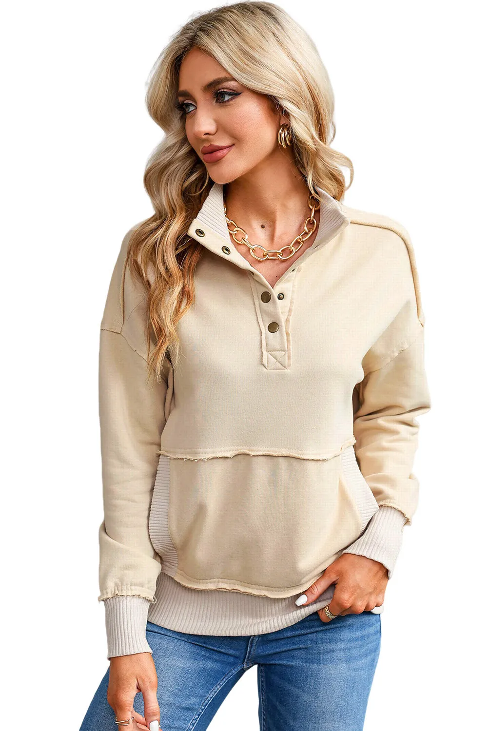 Khaki Ribbed Detail Snap Button Sweatshirt