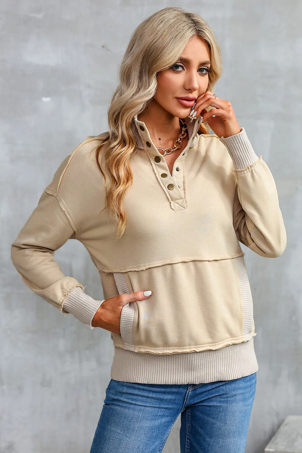 Khaki Ribbed Detail Snap Button Sweatshirt