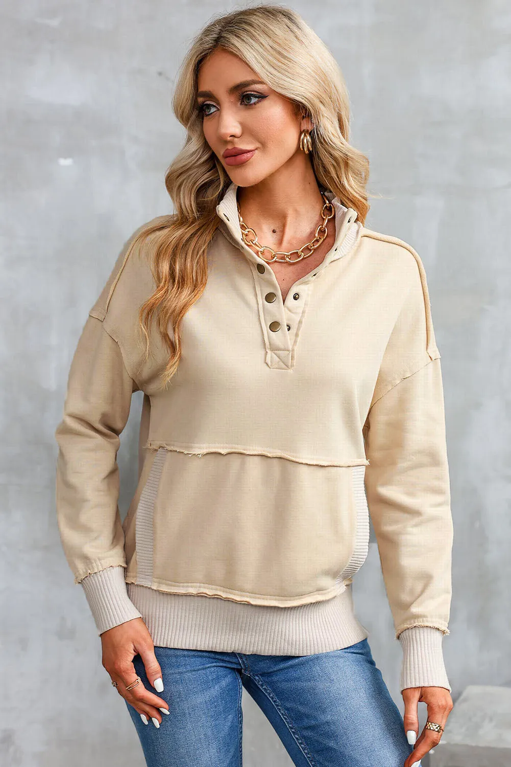 Khaki Ribbed Detail Snap Button Sweatshirt