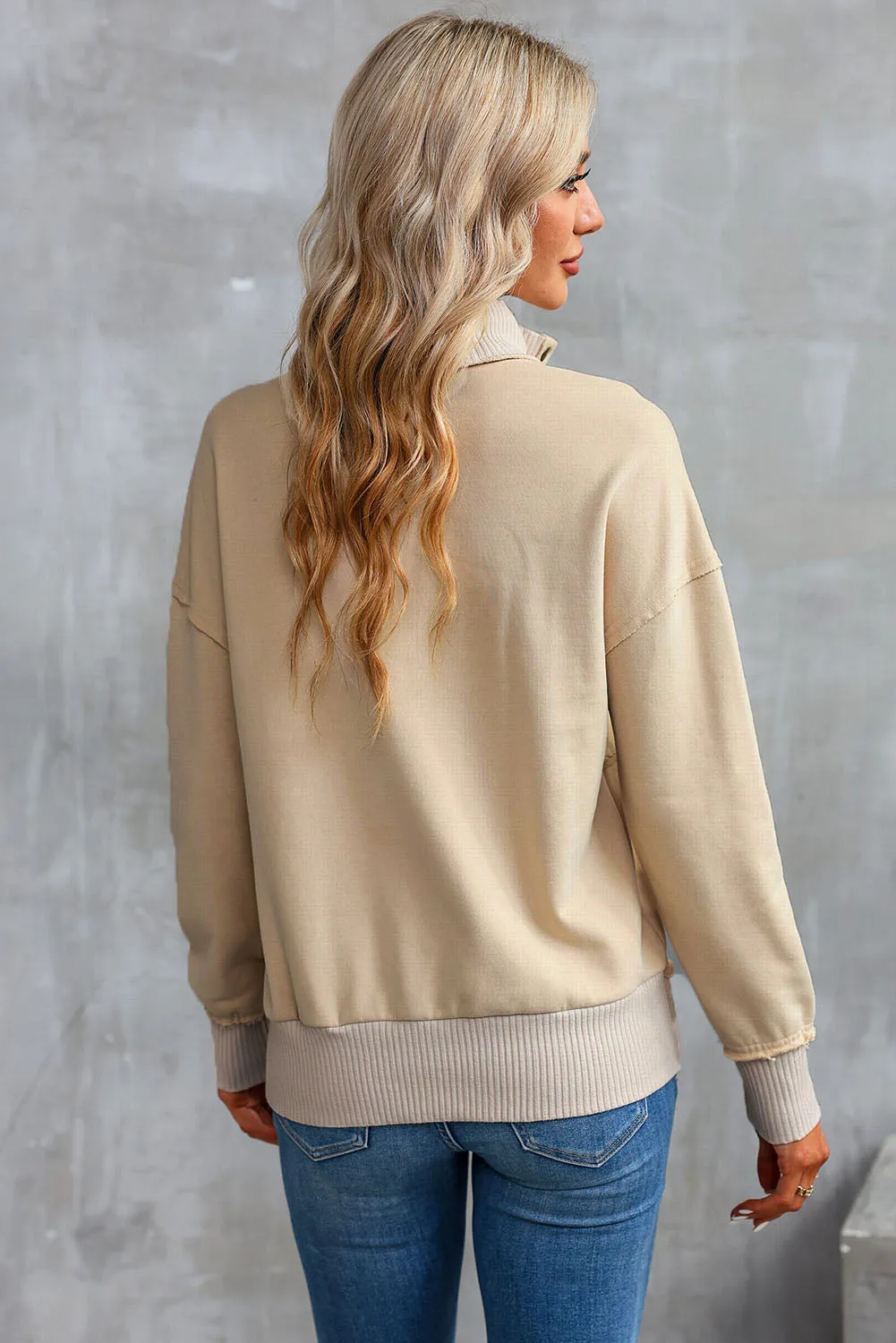 Khaki Ribbed Detail Snap Button Sweatshirt